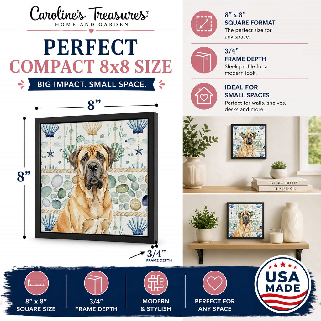 Fawn English Mastiff Coastal Sea Glass Framed Metal Print Bathroom, Kitchen, Office, Home Decor Wall Art Ready to Hang, Square, 8X8