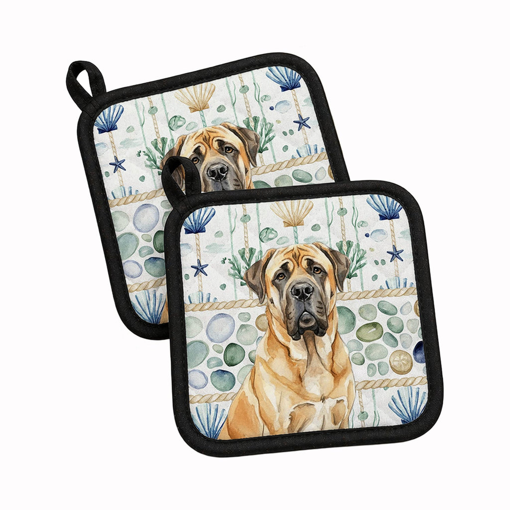 Fawn English Mastiff Coastal Sea Glass Pot Holder Set of 2 Heat Resistant Quilted Hot Pads 7.5 x 7.5 Inch, Insulated Kitchen Trivets for Cooking & Baking