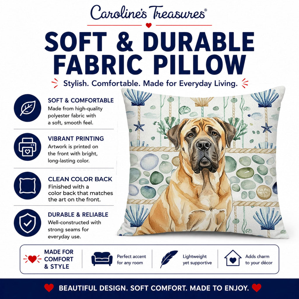 Fawn English Mastiff Coastal Sea Glass Decorative Throw Pillow 14x14 Indoor Outdoor Accent Cushion, Fabric Cover with Insert for Sofa, Bed, Porch & Living Room