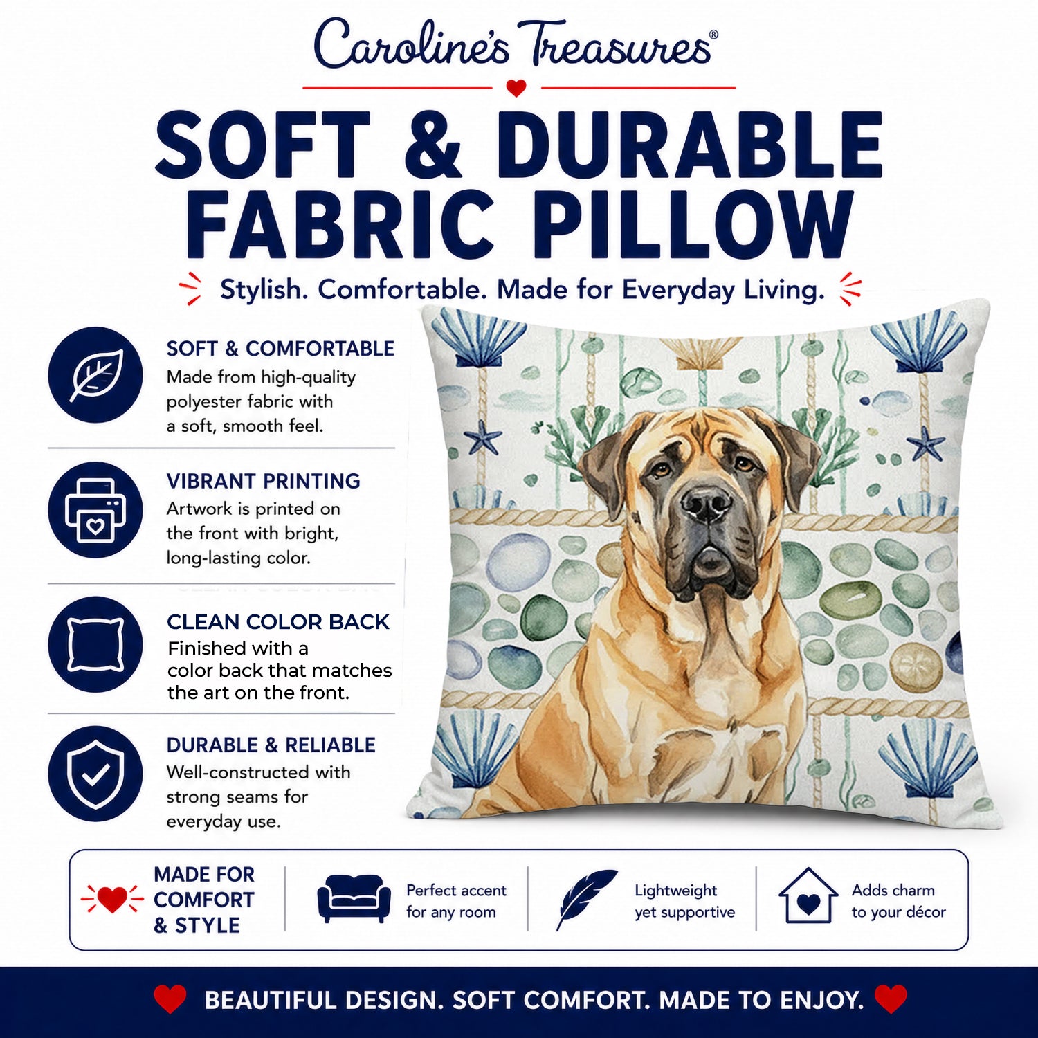 Fawn English Mastiff Coastal Sea Glass Decorative Throw Pillow 14x14 Indoor Outdoor Accent Cushion, Fabric Cover with Insert for Sofa, Bed, Porch & Living Room