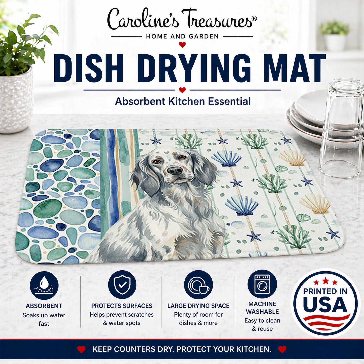 Blue Belton English Setter Coastal Sea Glass Dish Drying Mat Absorbent Dish Drying Mat Pad for Kitchen Counter Dish Drainer Mat for Countertop, 14 x 21", Multicolor