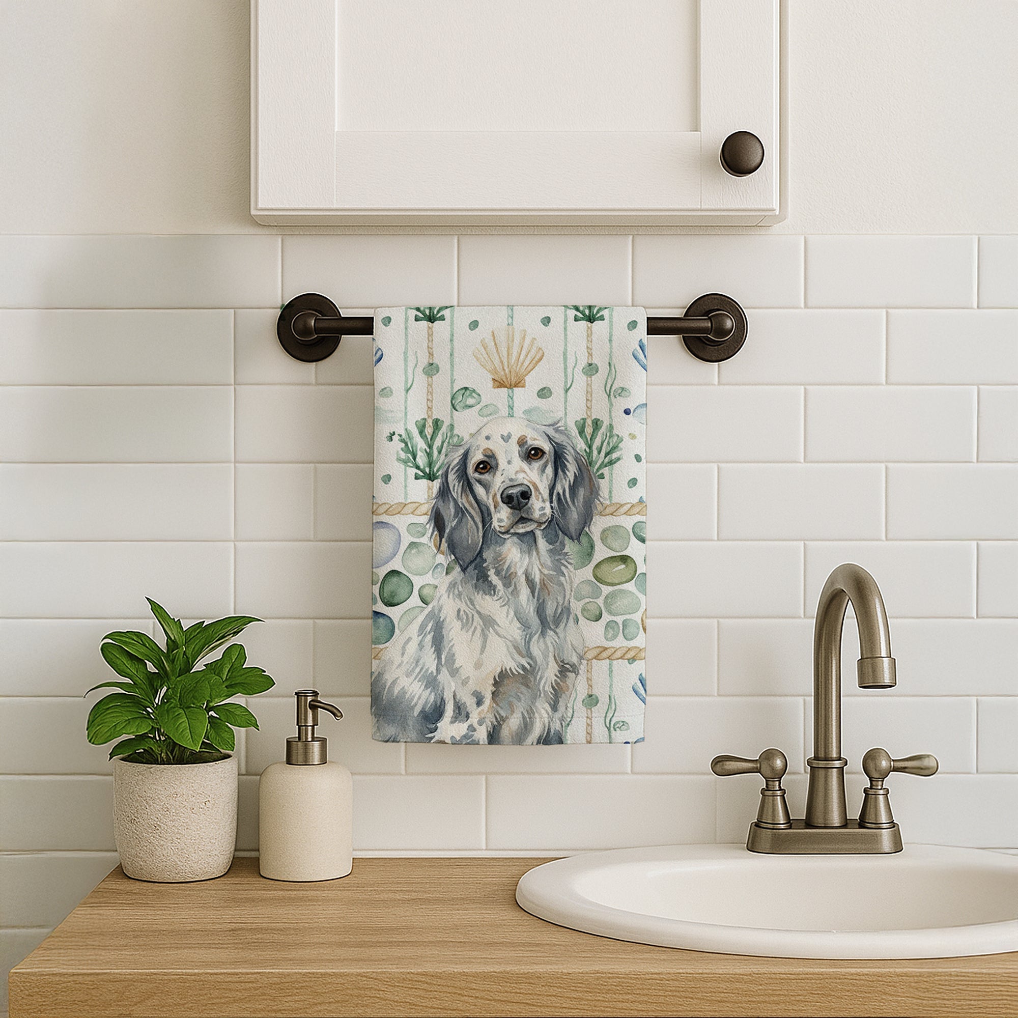 Blue Belton English Setter Coastal Sea Glass Kitchen Towel Velour Plush Front and Cotton Loop Back Machine Washable