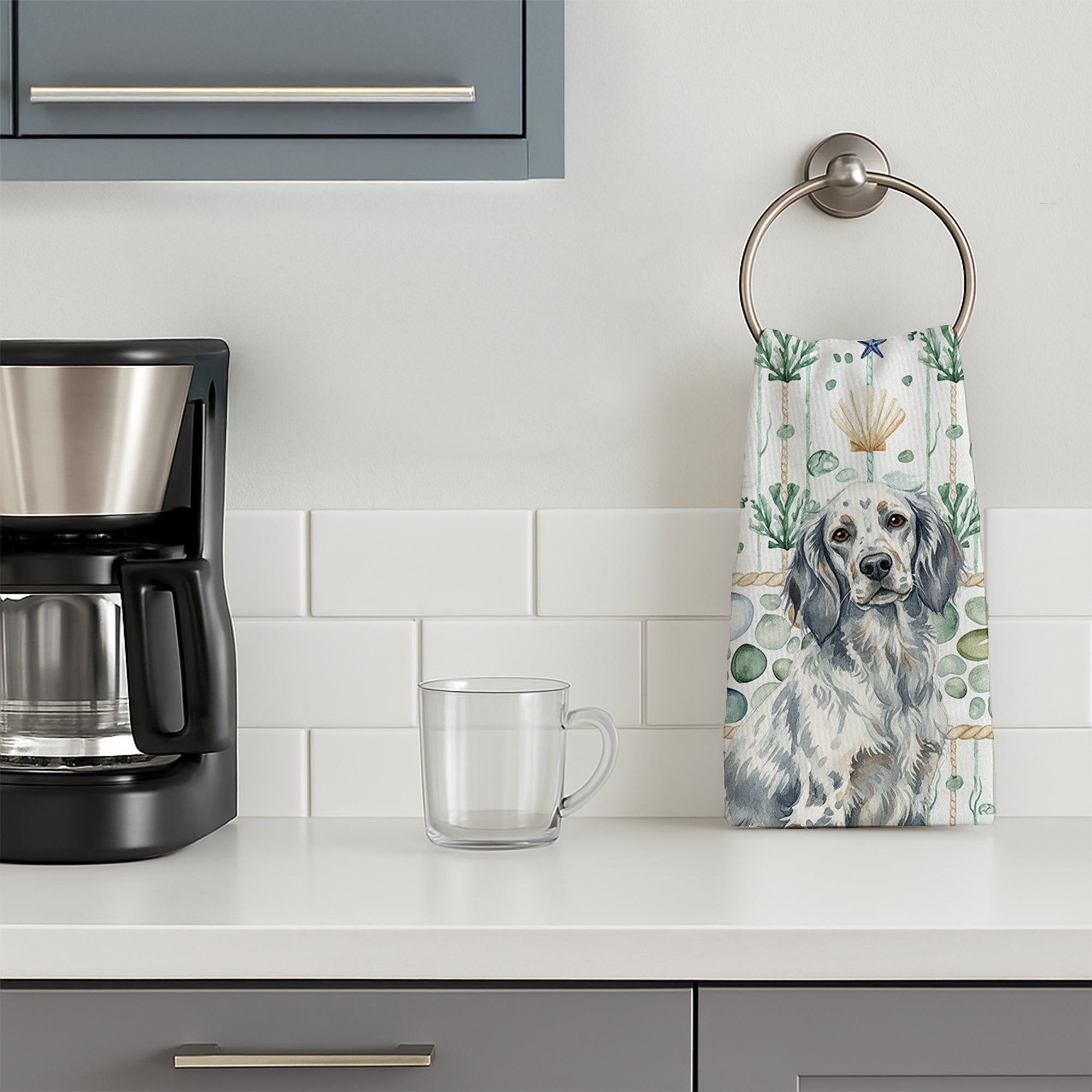 Blue Belton English Setter Coastal Sea Glass Kitchen Towel Velour Plush Front and Cotton Loop Back Machine Washable