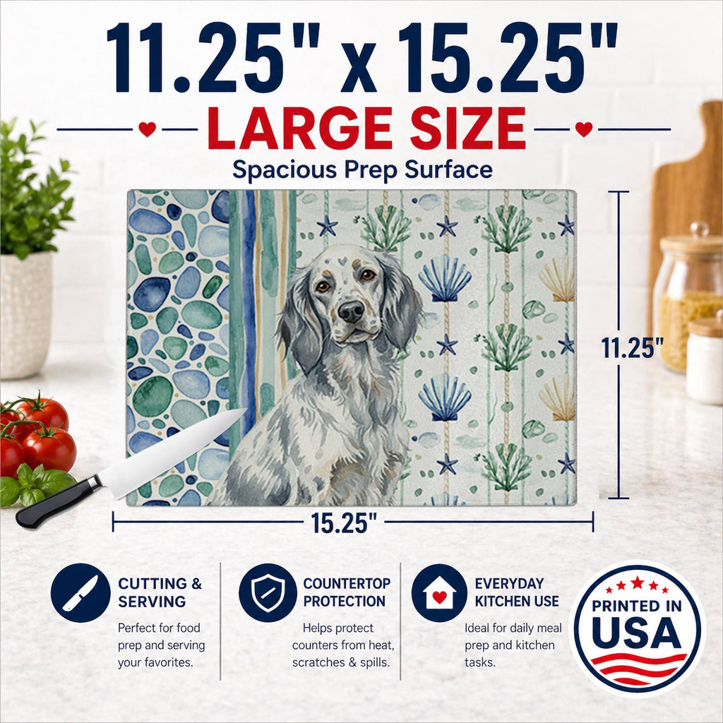 Blue Belton English Setter Coastal Sea Glass Cutting Board Tempered Glass Kitchen Cutting Surface, Heat Resistant Chopping, Non-Slip Feet, Food Prep & Serving