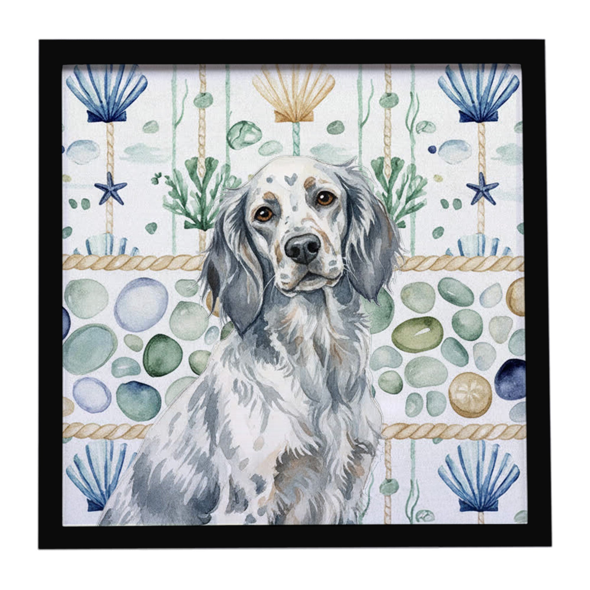 Blue Belton English Setter Coastal Sea Glass Framed Metal Print Bathroom, Kitchen, Office, Home Decor Wall Art Ready to Hang, Square, 8X8