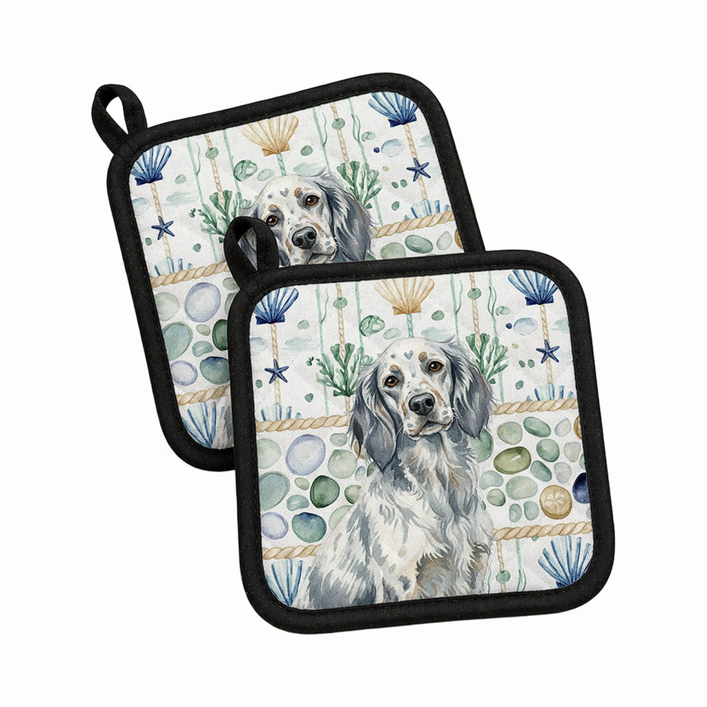Blue Belton English Setter Coastal Sea Glass Pot Holder Set of 2 Heat Resistant Quilted Hot Pads 7.5 x 7.5 Inch, Insulated Kitchen Trivets for Cooking & Baking