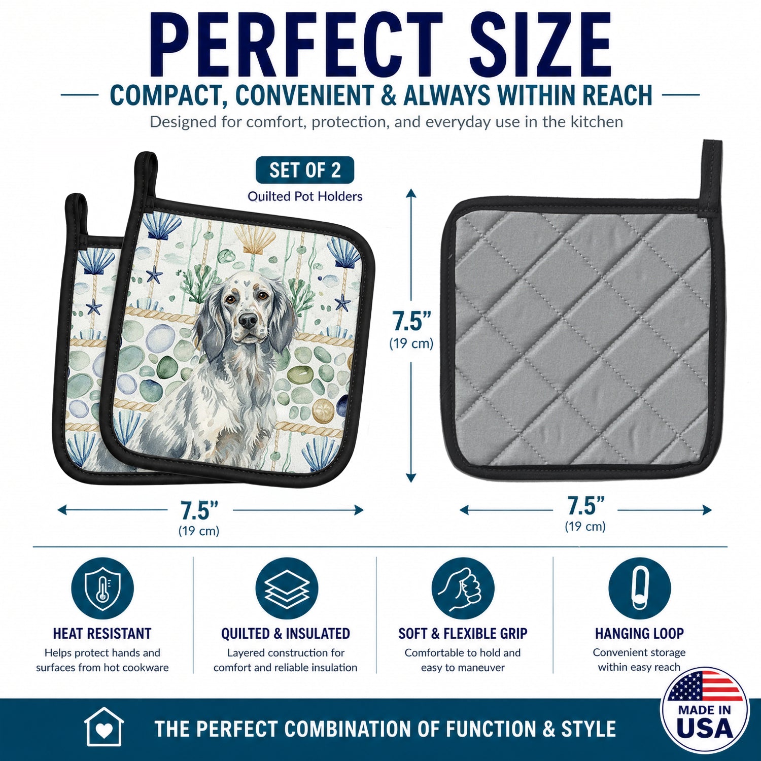 Blue Belton English Setter Coastal Sea Glass Pot Holder Set of 2 Heat Resistant Quilted Hot Pads 7.5 x 7.5 Inch, Insulated Kitchen Trivets for Cooking & Baking