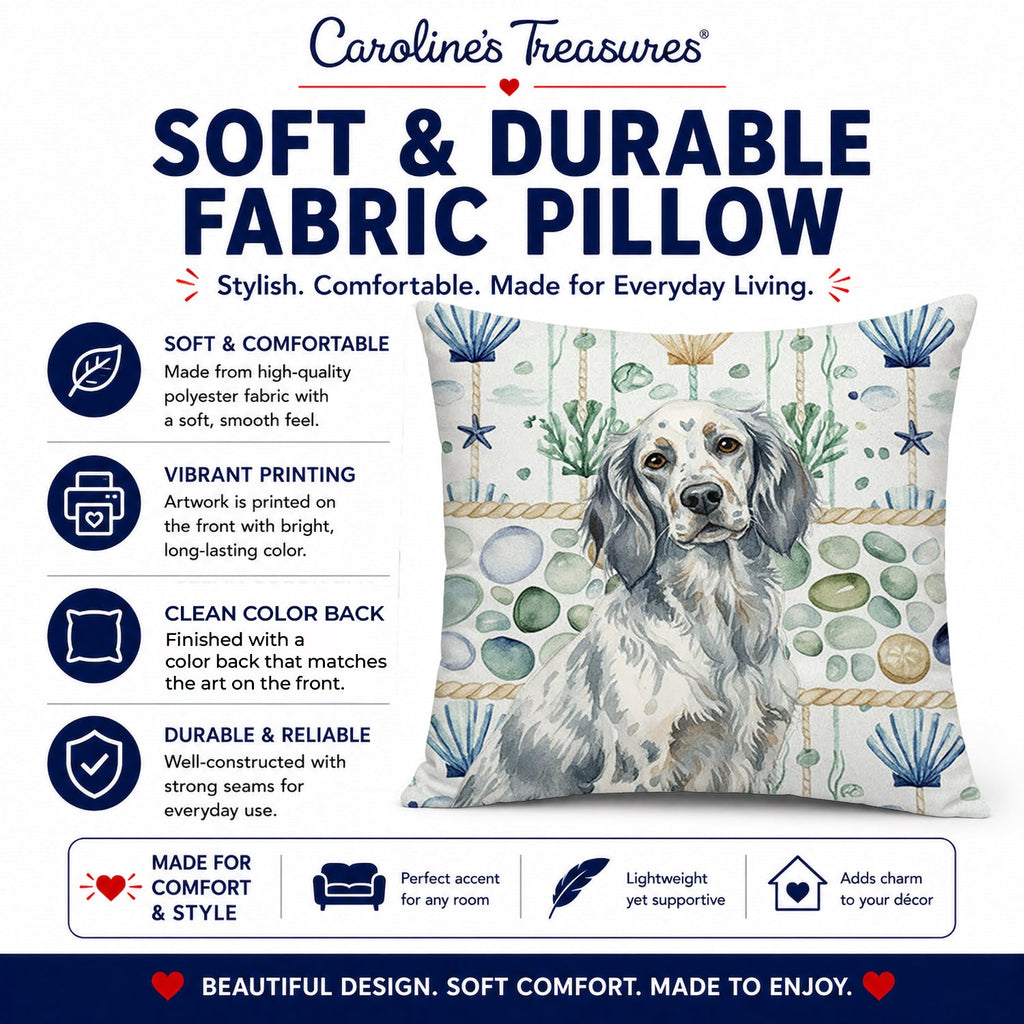 Blue Belton English Setter Coastal Sea Glass Decorative Throw Pillow 14x14 Indoor Outdoor Accent Cushion, Fabric Cover with Insert for Sofa, Bed, Porch & Living Room
