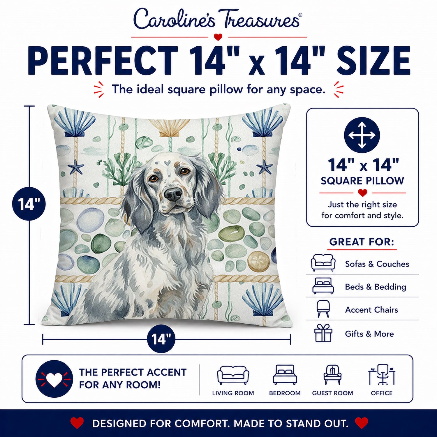 Blue Belton English Setter Coastal Sea Glass Decorative Throw Pillow 14x14 Indoor Outdoor Accent Cushion, Fabric Cover with Insert for Sofa, Bed, Porch & Living Room
