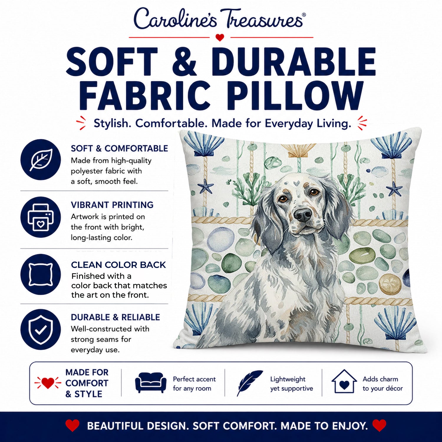 Blue Belton English Setter Coastal Sea Glass Decorative Throw Pillow 18x18 Indoor Outdoor Accent Cushion, Fabric Cover with Insert for Sofa, Bed, Porch & Living Room
