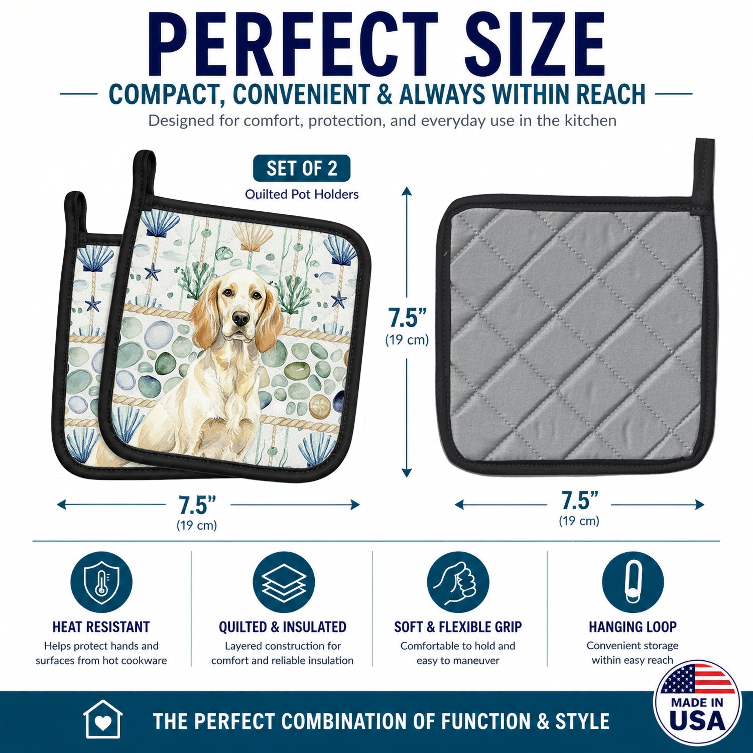 Lemon Belton English Setter Coastal Sea Glass Pot Holder Set of 2 Heat Resistant Quilted Hot Pads 7.5 x 7.5 Inch, Insulated Kitchen Trivets for Cooking & Baking
