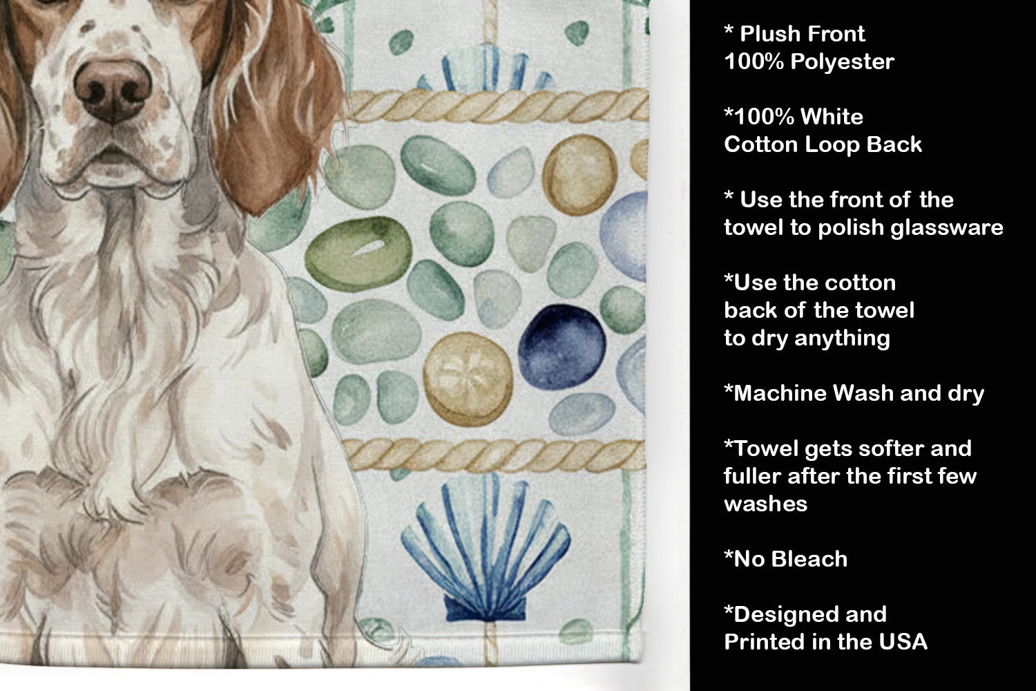 Liver Belton English Setter Coastal Sea Glass Kitchen Towel Velour Plush Front and Cotton Loop Back Machine Washable