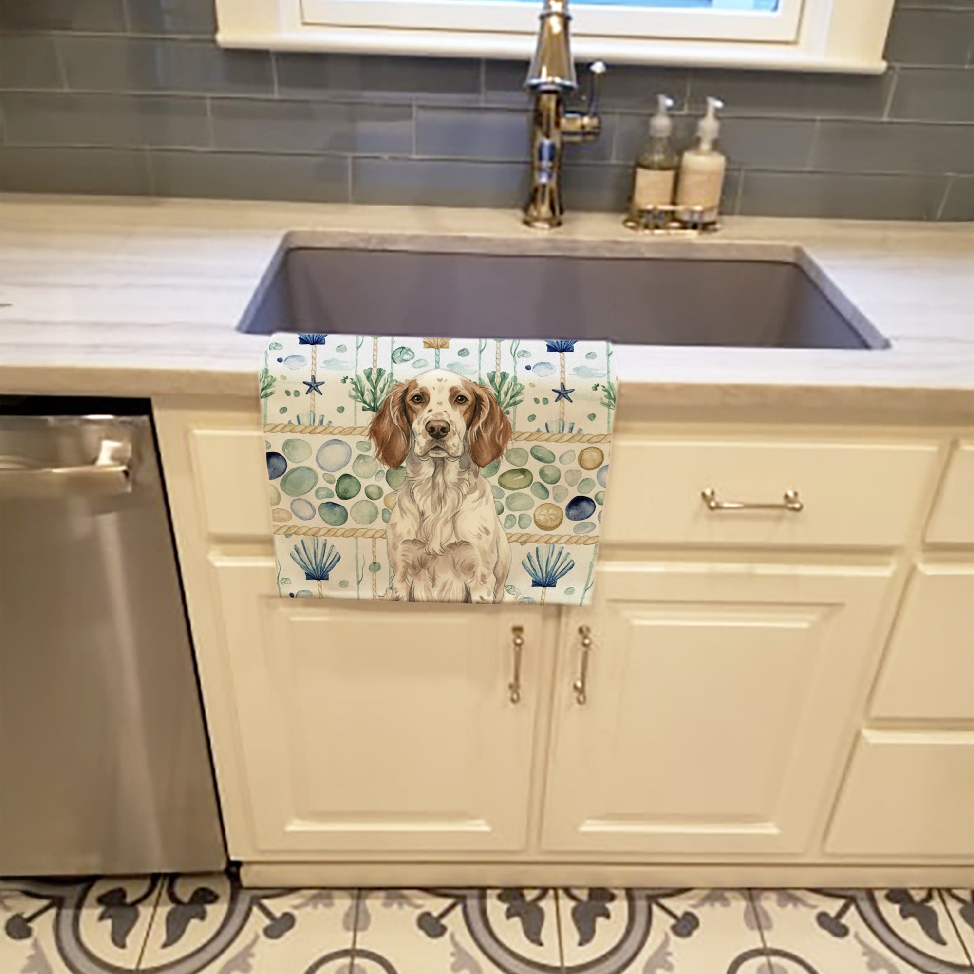Liver Belton English Setter Coastal Sea Glass Kitchen Towel Velour Plush Front and Cotton Loop Back Machine Washable