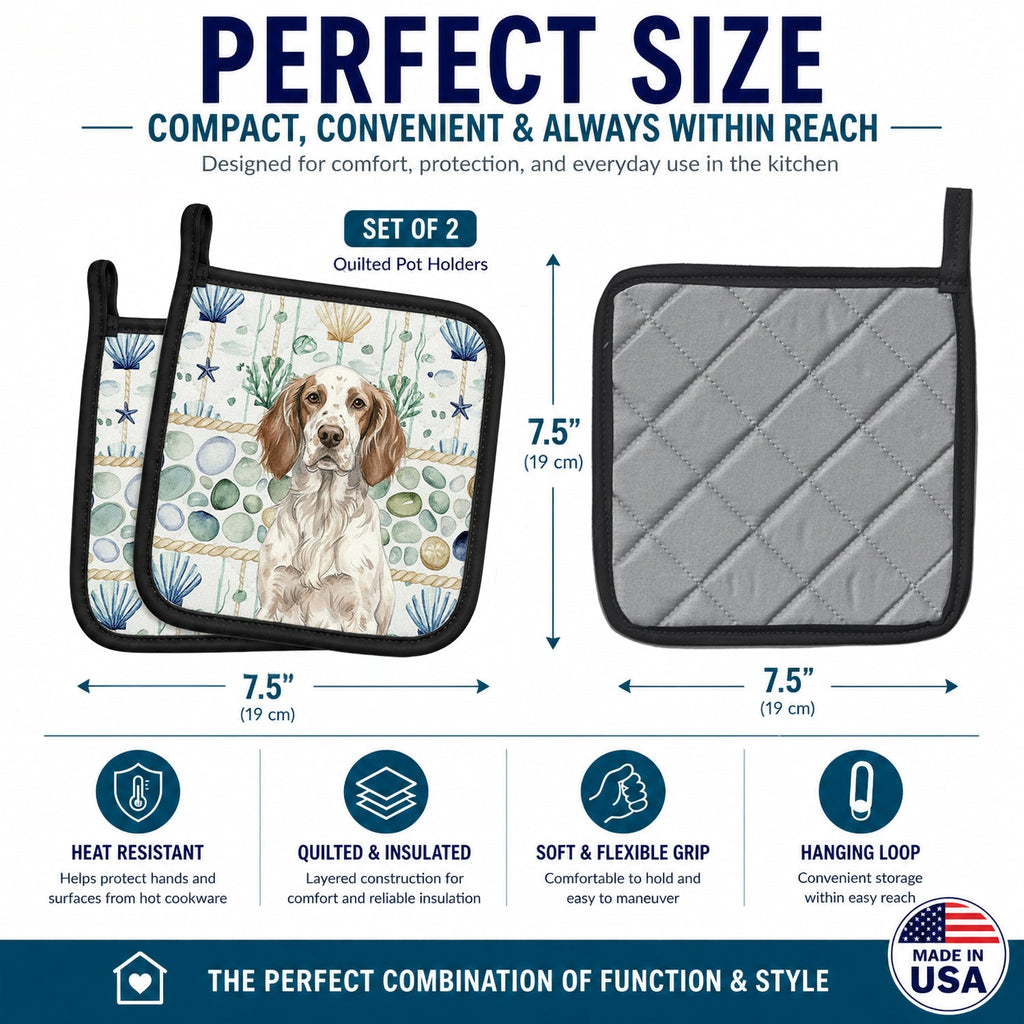 Liver Belton English Setter Coastal Sea Glass Pot Holder Set of 2 Heat Resistant Quilted Hot Pads 7.5 x 7.5 Inch, Insulated Kitchen Trivets for Cooking & Baking