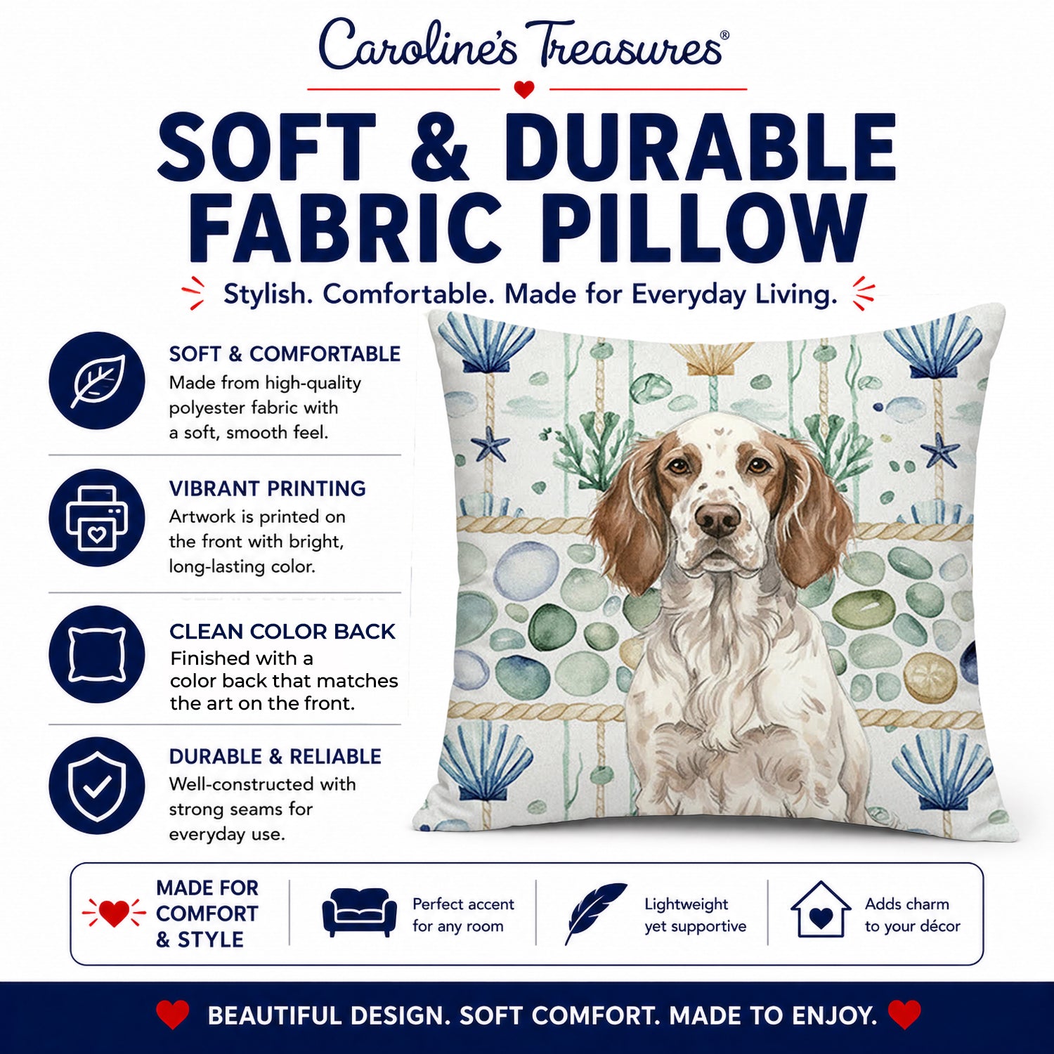 Liver Belton English Setter Coastal Sea Glass Decorative Throw Pillow 18x18 Indoor Outdoor Accent Cushion, Fabric Cover with Insert for Sofa, Bed, Porch & Living Room