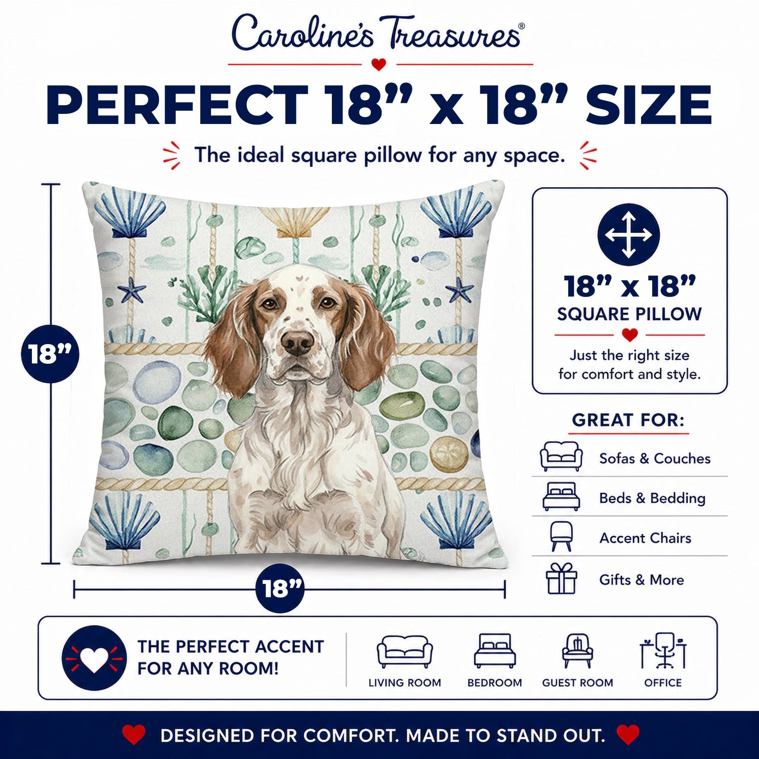 Liver Belton English Setter Coastal Sea Glass Decorative Throw Pillow 18x18 Indoor Outdoor Accent Cushion, Fabric Cover with Insert for Sofa, Bed, Porch & Living Room