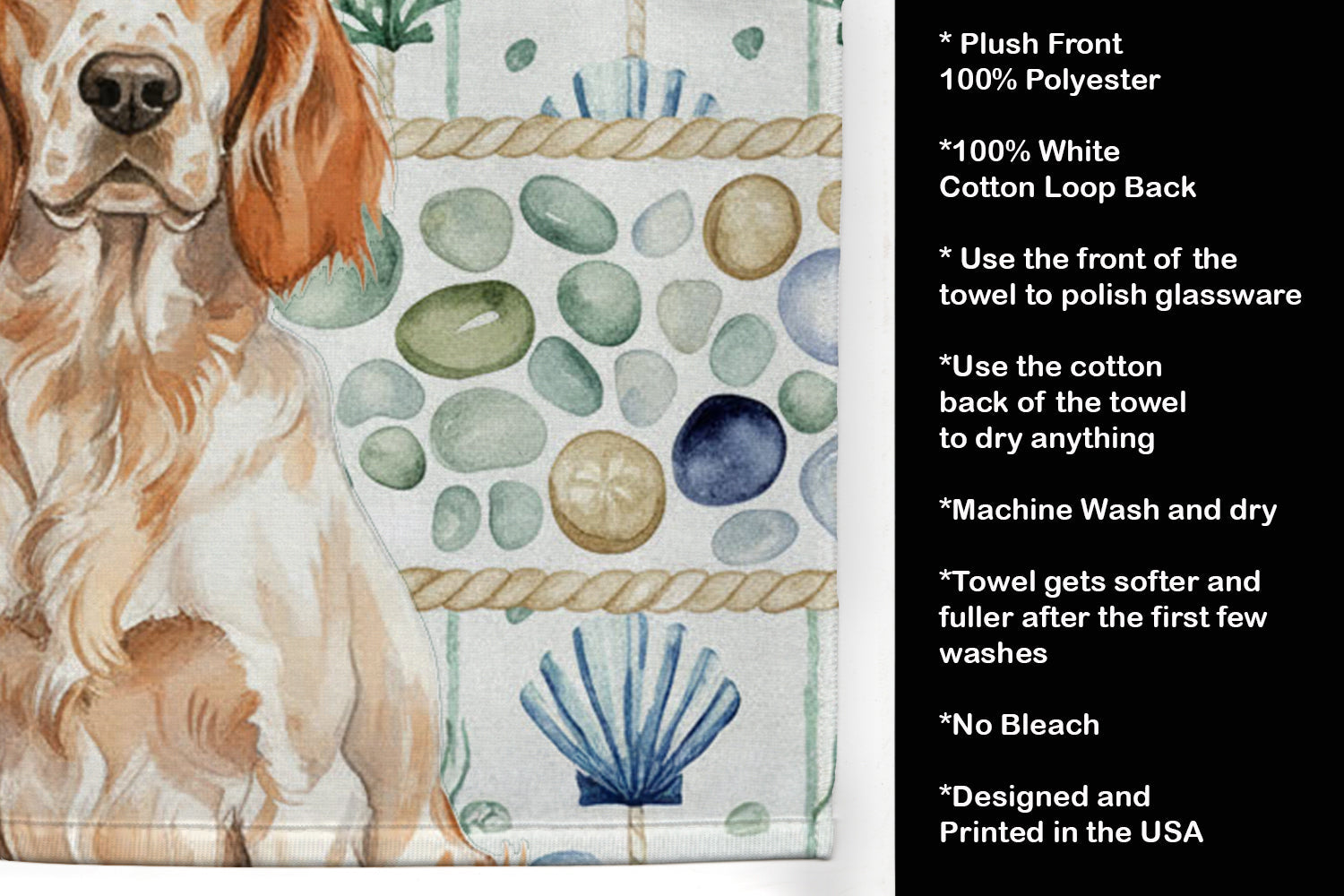 Orange Belton English Setter Coastal Sea Glass Kitchen Towel Velour Plush Front and Cotton Loop Back Machine Washable