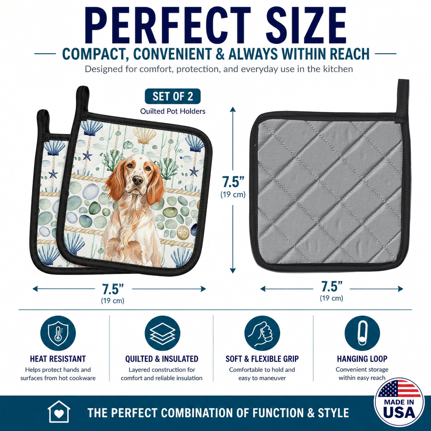 Orange Belton English Setter Coastal Sea Glass Pot Holder Set of 2 Heat Resistant Quilted Hot Pads 7.5 x 7.5 Inch, Insulated Kitchen Trivets for Cooking & Baking