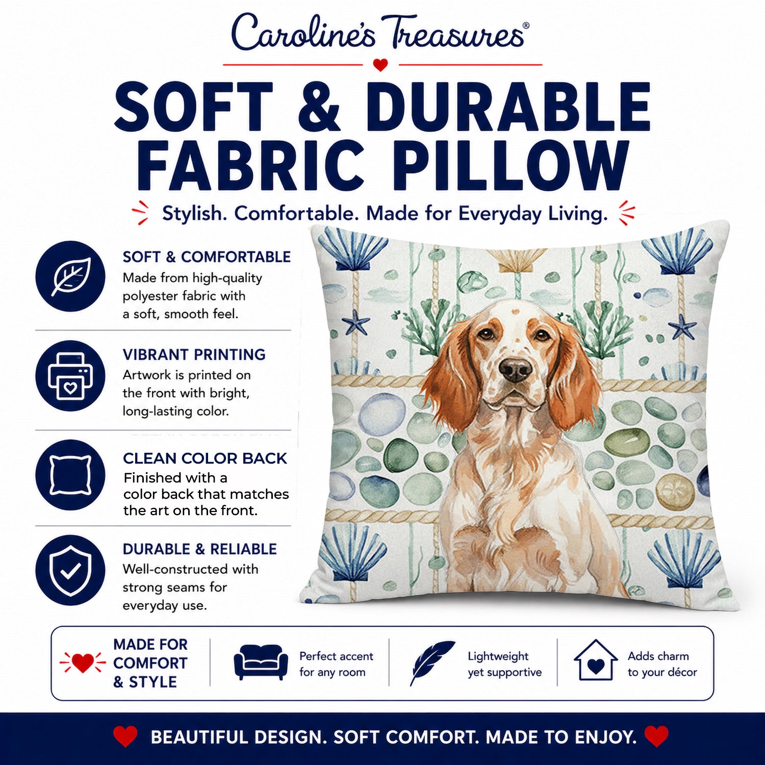 Orange Belton English Setter Coastal Sea Glass Decorative Throw Pillow 14x14 Indoor Outdoor Accent Cushion, Fabric Cover with Insert for Sofa, Bed, Porch & Living Room