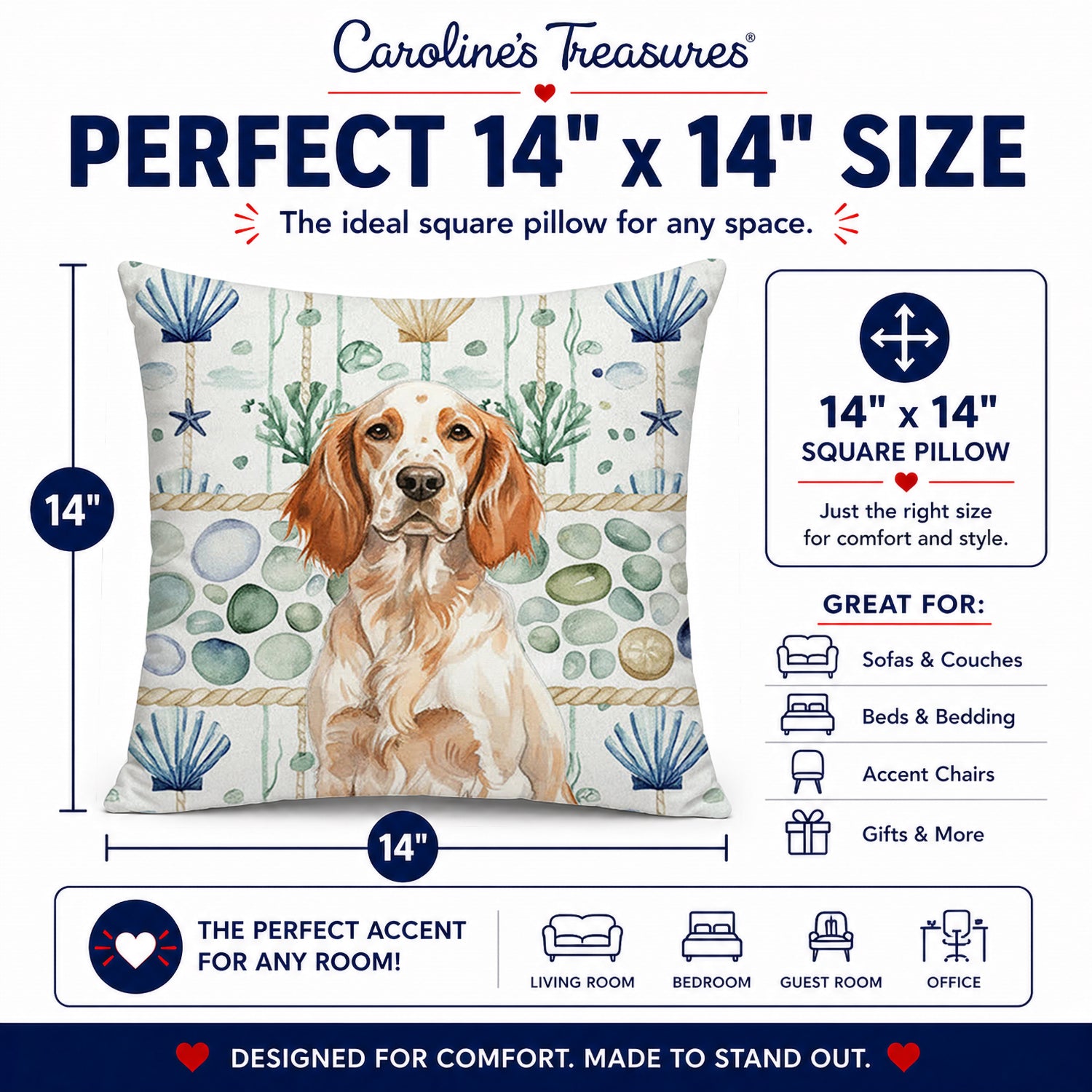 Orange Belton English Setter Coastal Sea Glass Decorative Throw Pillow 14x14 Indoor Outdoor Accent Cushion, Fabric Cover with Insert for Sofa, Bed, Porch & Living Room