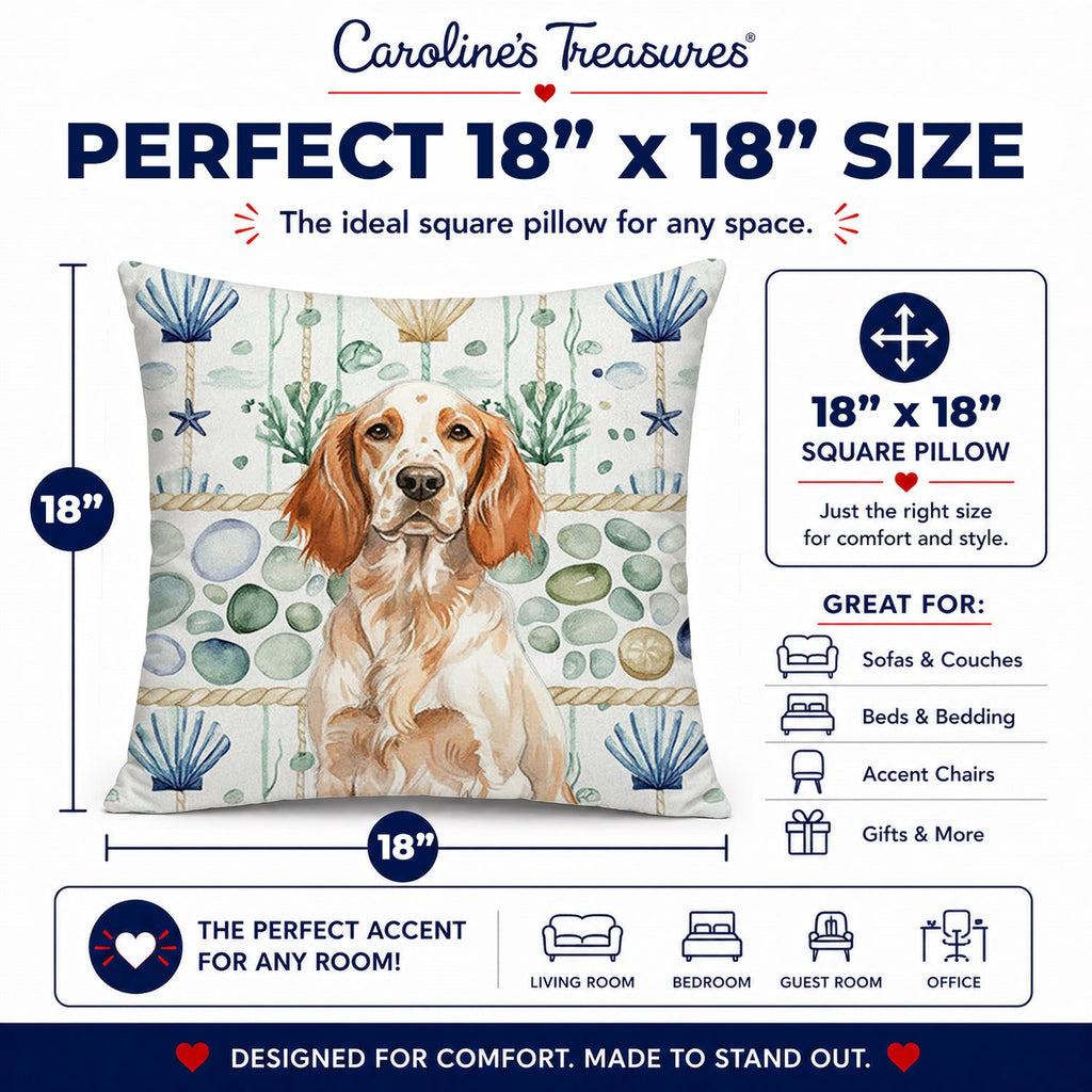 Orange Belton English Setter Coastal Sea Glass Decorative Throw Pillow 18x18 Indoor Outdoor Accent Cushion, Fabric Cover with Insert for Sofa, Bed, Porch & Living Room