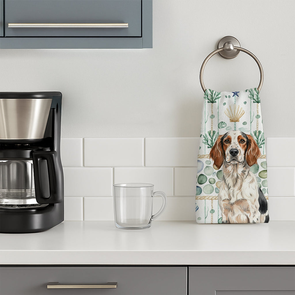 Tricolor English Setter Coastal Sea Glass Kitchen Towel Velour Plush Front and Cotton Loop Back Machine Washable