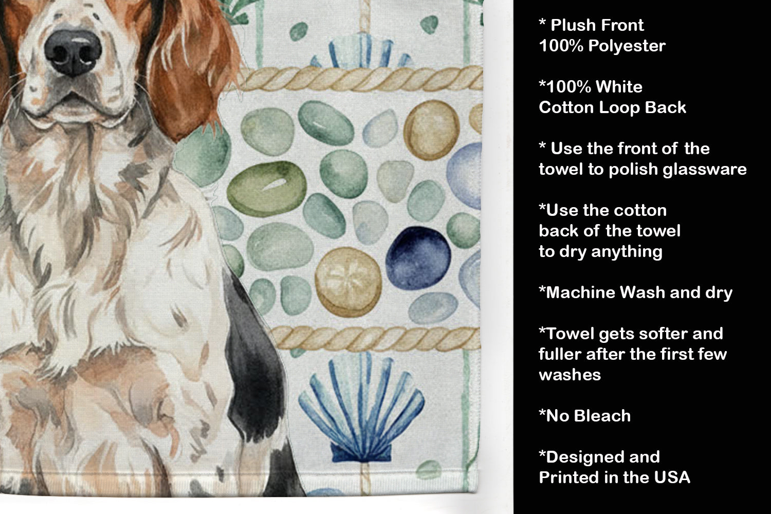 Tricolor English Setter Coastal Sea Glass Kitchen Towel Velour Plush Front and Cotton Loop Back Machine Washable
