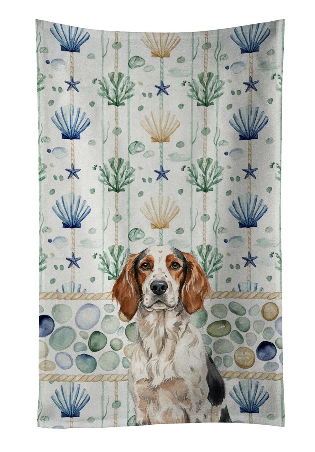 Tricolor English Setter Coastal Sea Glass Kitchen Towel Velour Plush Front and Cotton Loop Back Machine Washable