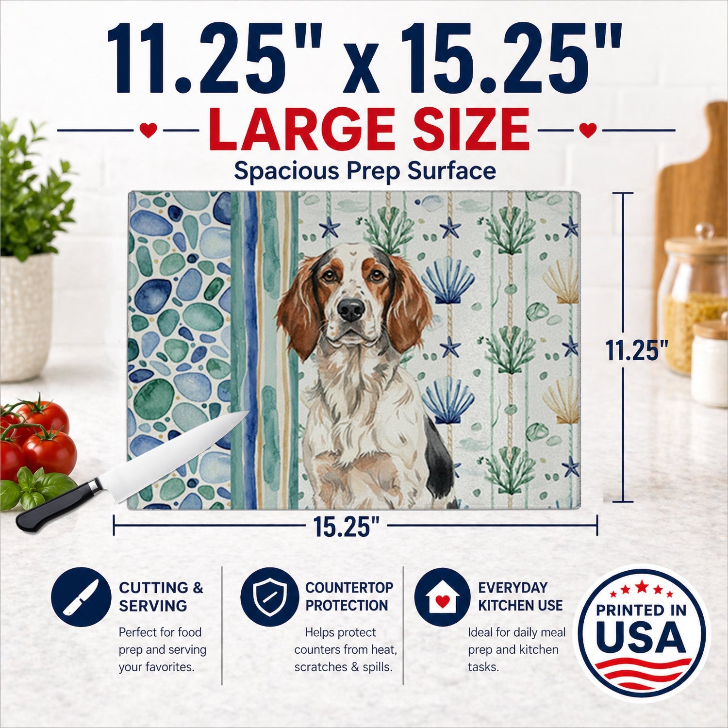 Tricolor English Setter Coastal Sea Glass Cutting Board Tempered Glass Kitchen Cutting Surface, Heat Resistant Chopping, Non-Slip Feet, Food Prep & Serving