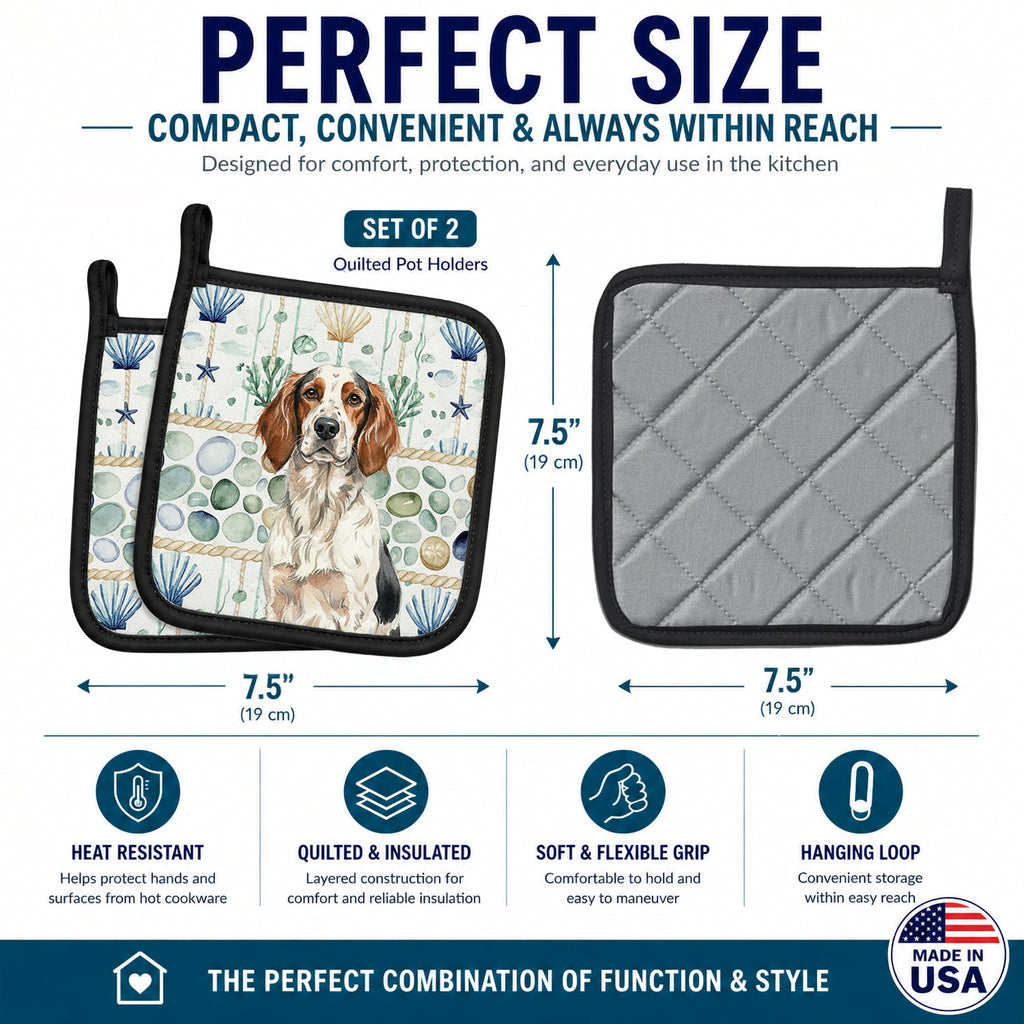 Tricolor English Setter Coastal Sea Glass Pot Holder Set of 2 Heat Resistant Quilted Hot Pads 7.5 x 7.5 Inch, Insulated Kitchen Trivets for Cooking & Baking