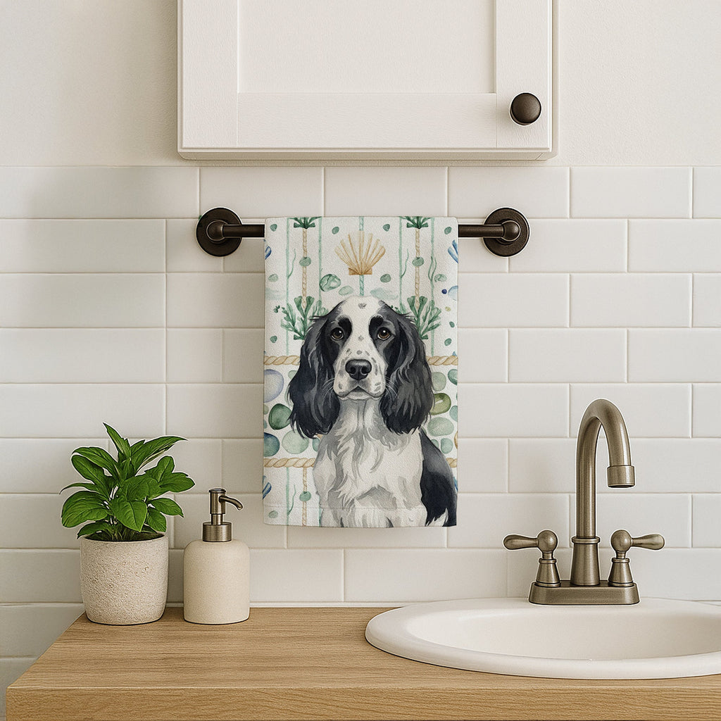 Black and White English Springer Spaniel Coastal Sea Glass Kitchen Towel Velour Plush Front and Cotton Loop Back Machine Washable