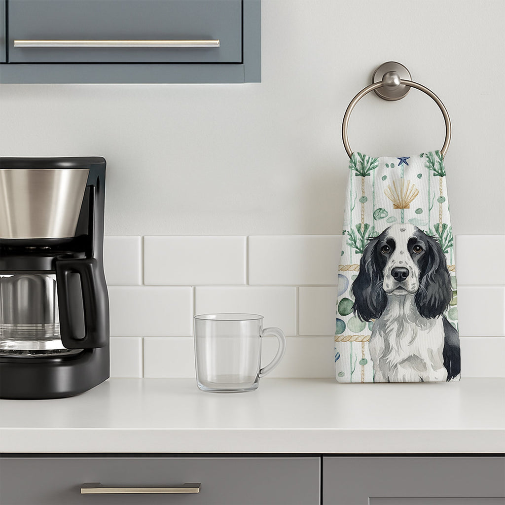 Black and White English Springer Spaniel Coastal Sea Glass Kitchen Towel Velour Plush Front and Cotton Loop Back Machine Washable