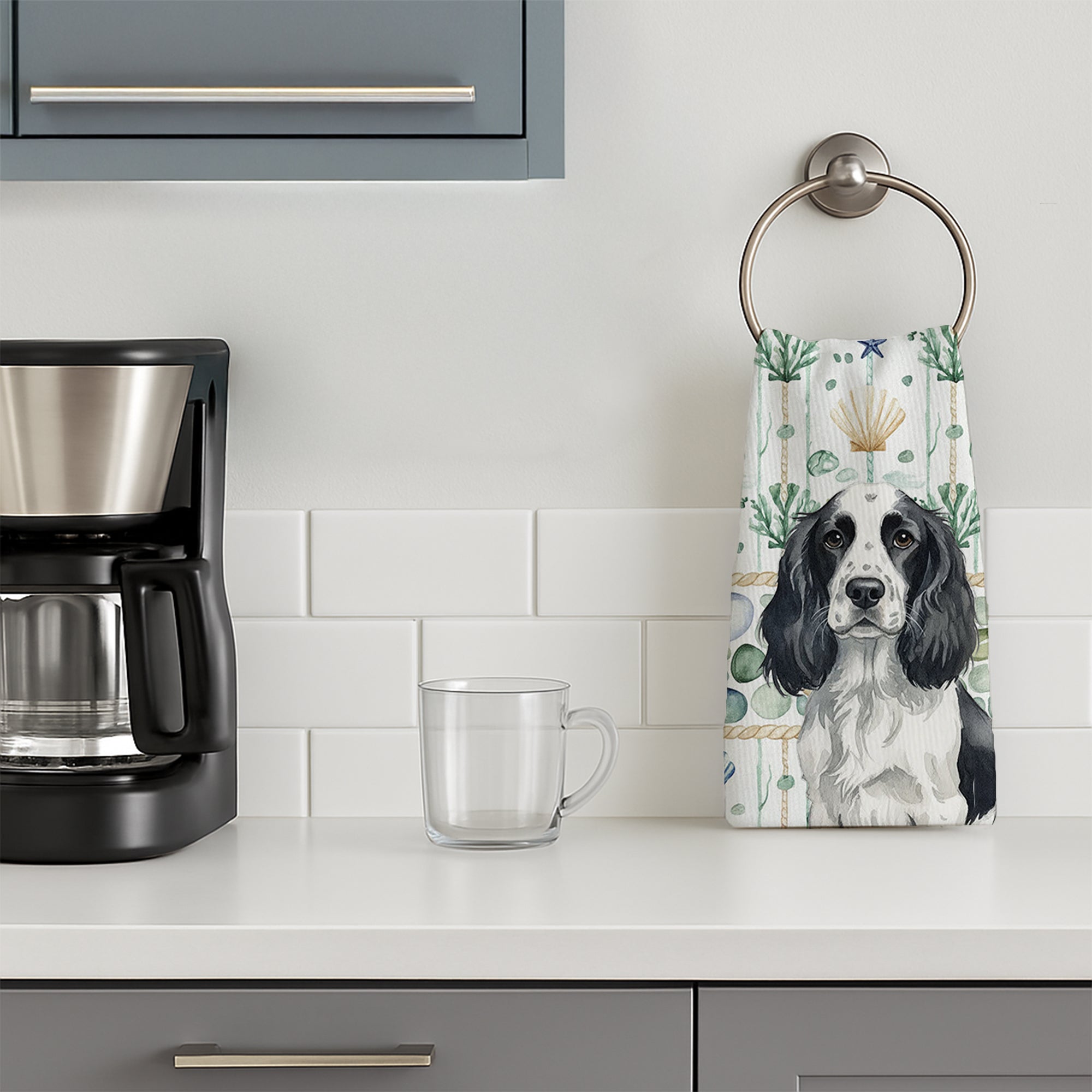 Black and White English Springer Spaniel Coastal Sea Glass Kitchen Towel Velour Plush Front and Cotton Loop Back Machine Washable