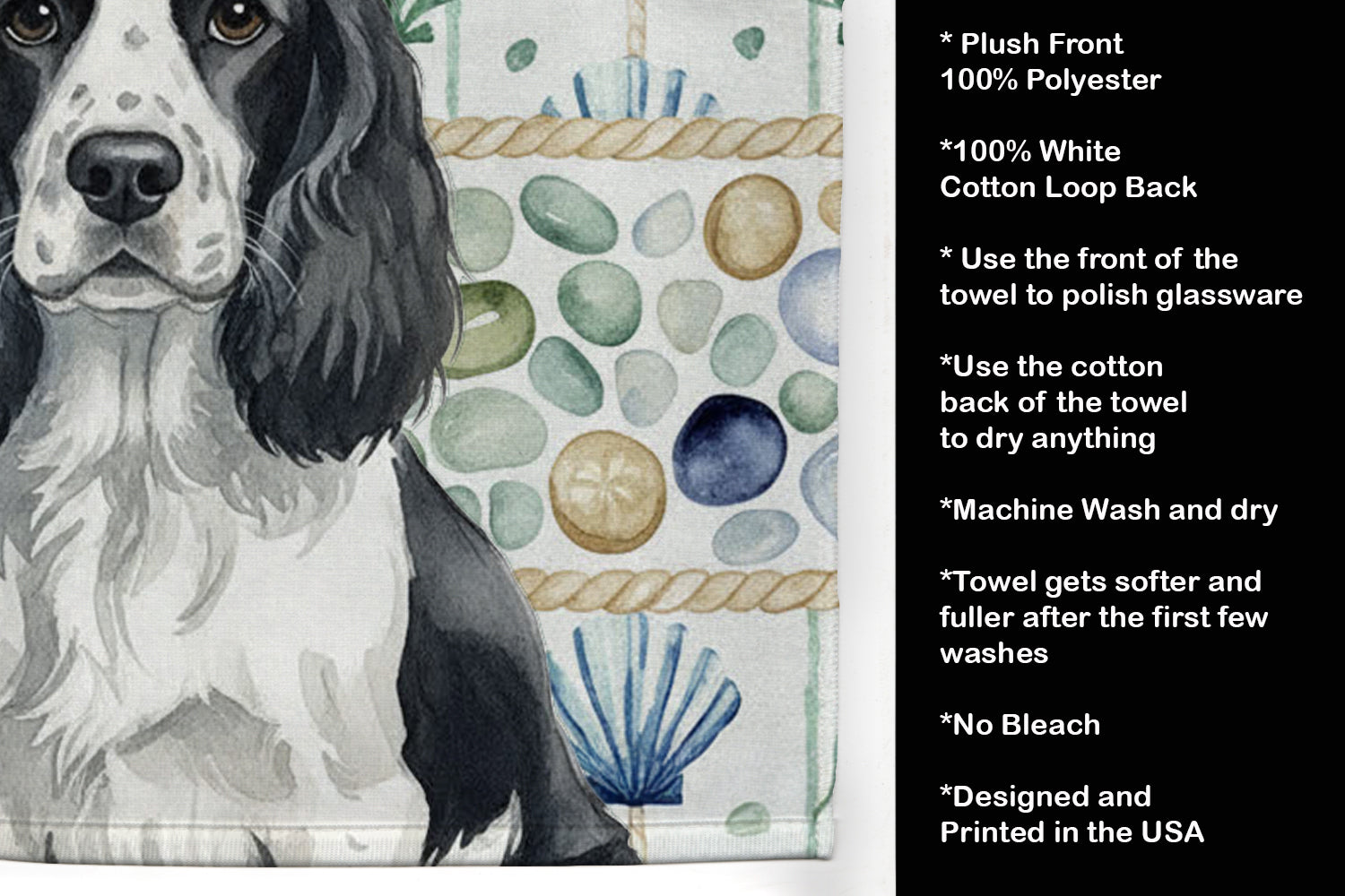 Black and White English Springer Spaniel Coastal Sea Glass Kitchen Towel Velour Plush Front and Cotton Loop Back Machine Washable