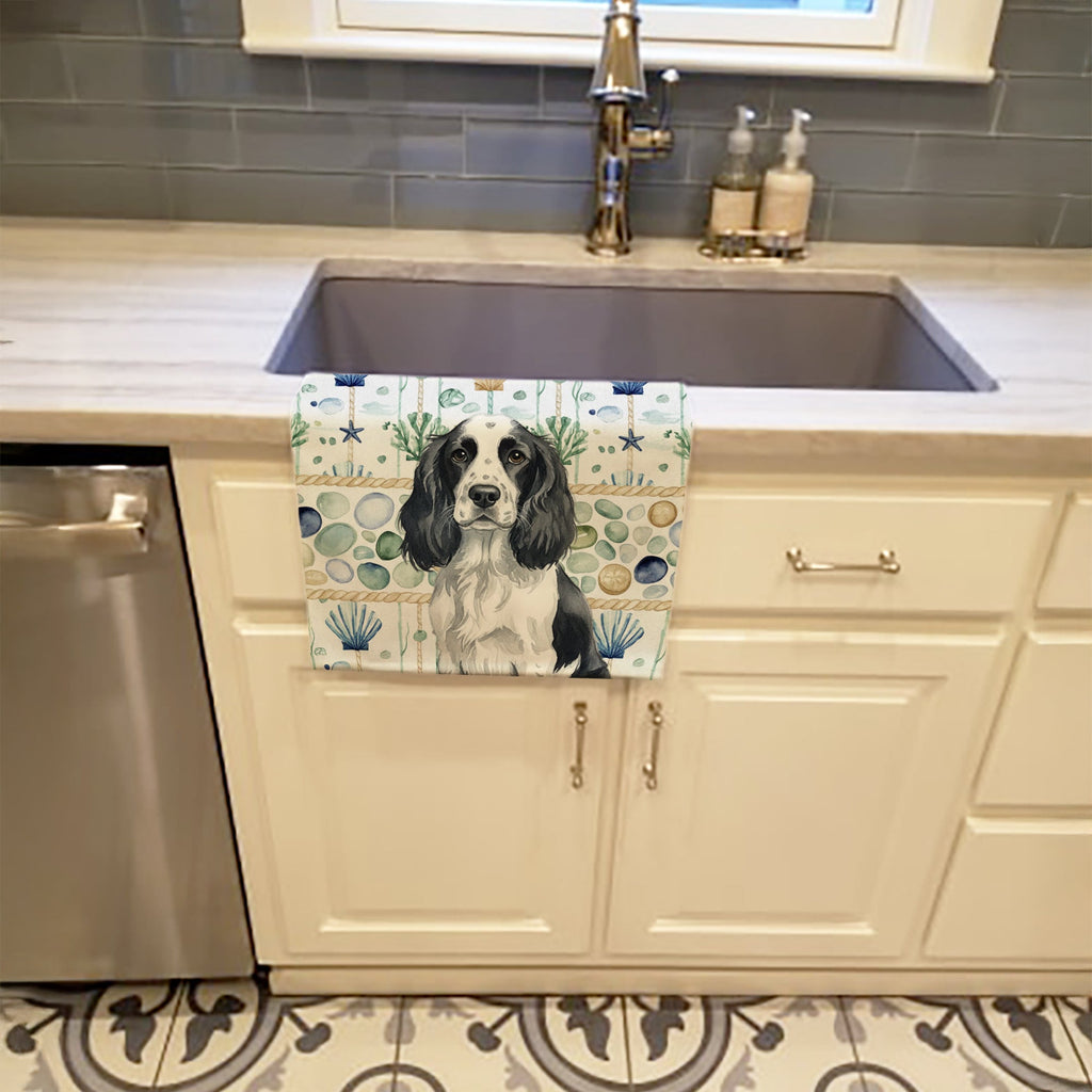 Black and White English Springer Spaniel Coastal Sea Glass Kitchen Towel Velour Plush Front and Cotton Loop Back Machine Washable