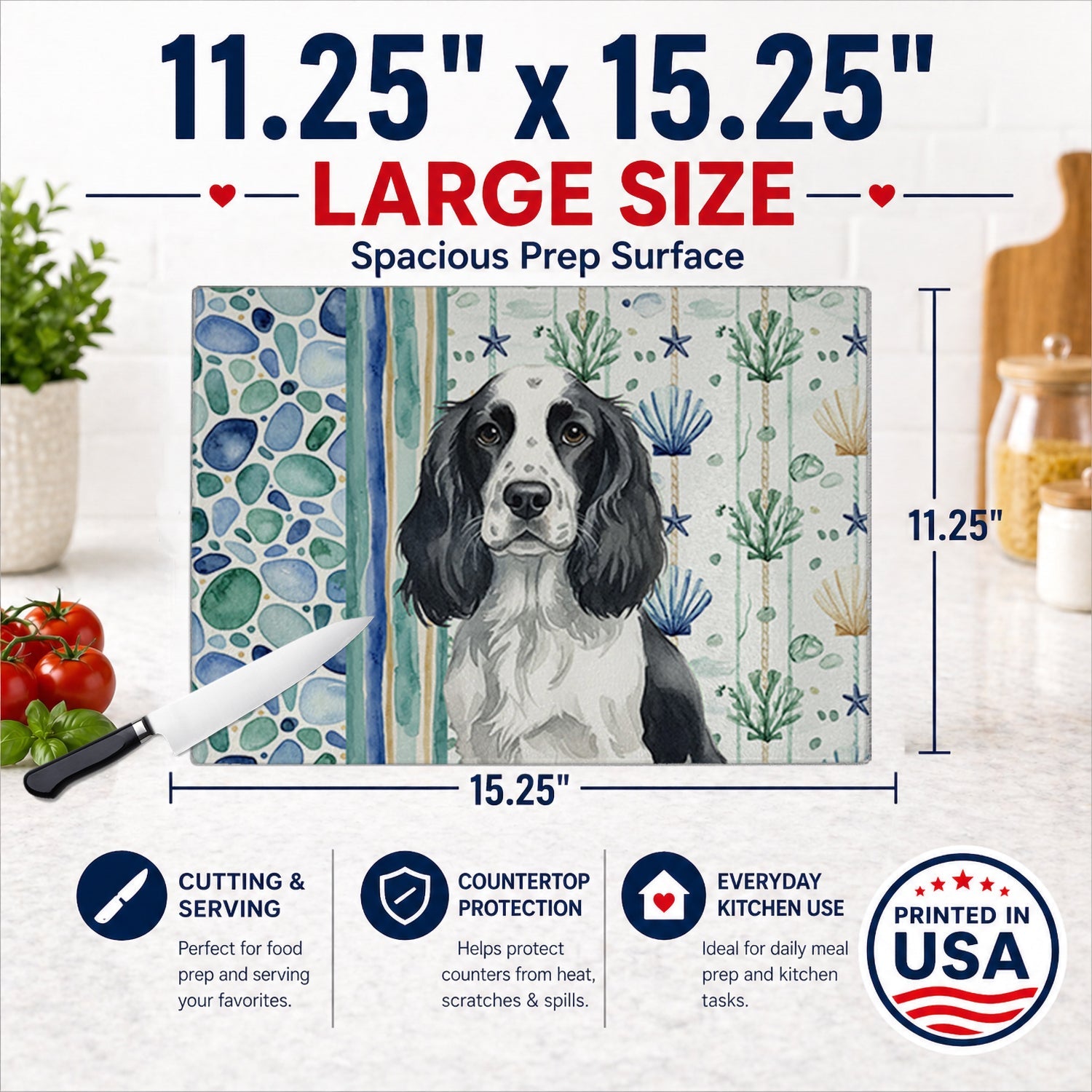 Black and White English Springer Spaniel Coastal Sea Glass Cutting Board Tempered Glass Kitchen Cutting Surface, Heat Resistant Chopping, Non-Slip Feet, Food Prep & Serving