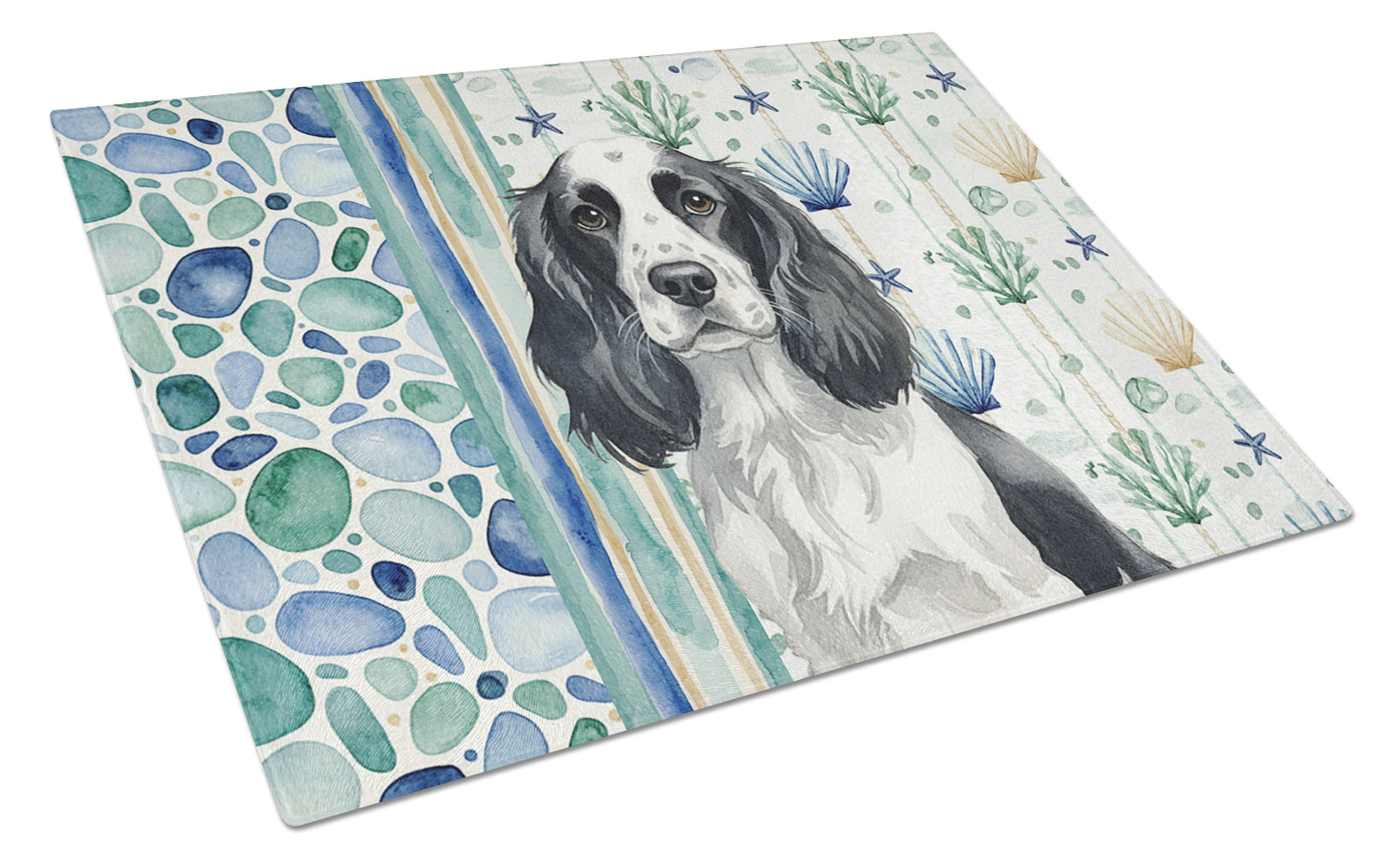 Black and White English Springer Spaniel Coastal Sea Glass Cutting Board Tempered Glass Kitchen Cutting Surface, Heat Resistant Chopping, Non-Slip Feet, Food Prep & Serving