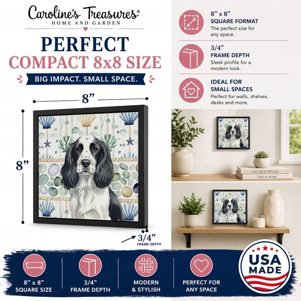 Black and White English Springer Spaniel Coastal Sea Glass Framed Metal Print Bathroom, Kitchen, Office, Home Decor Wall Art Ready to Hang, Square, 8X8