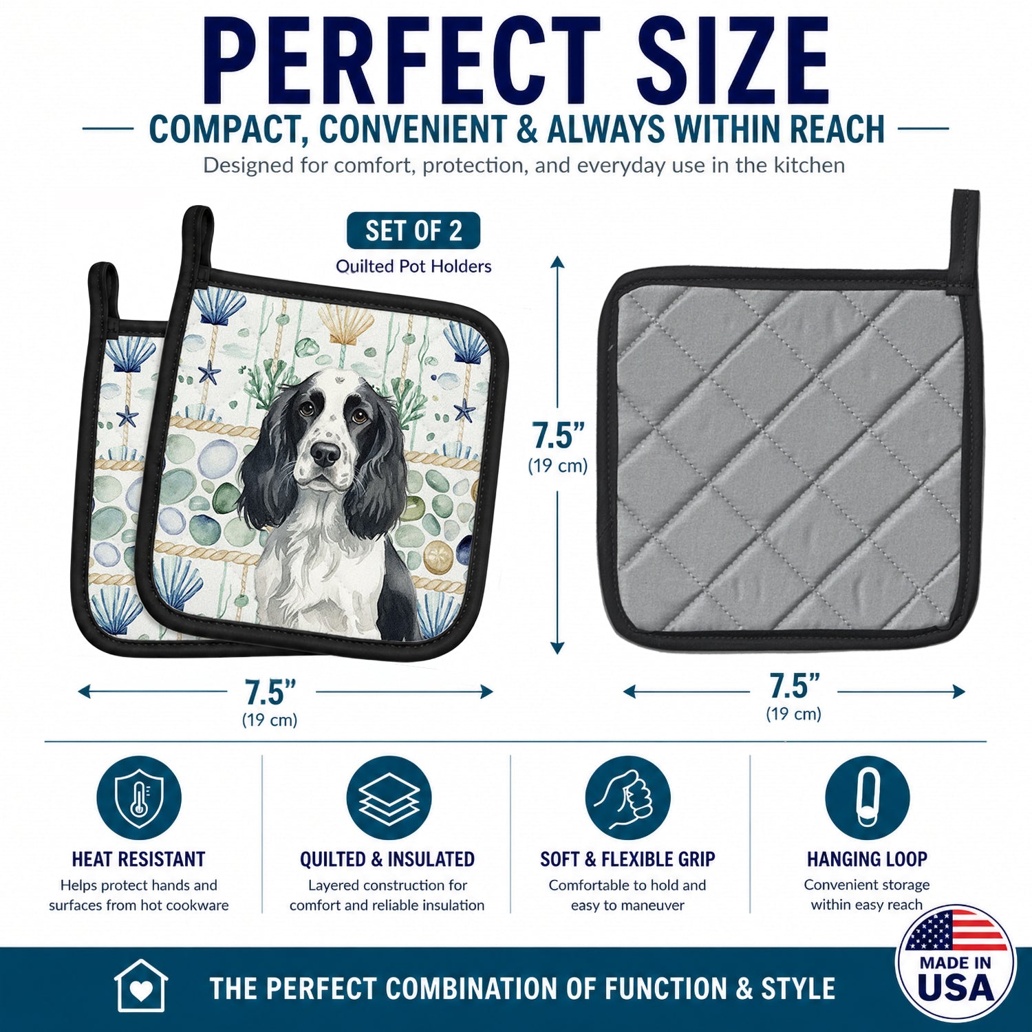 Black and White English Springer Spaniel Coastal Sea Glass Pot Holder Set of 2 Heat Resistant Quilted Hot Pads 7.5 x 7.5 Inch, Insulated Kitchen Trivets for Cooking & Baking