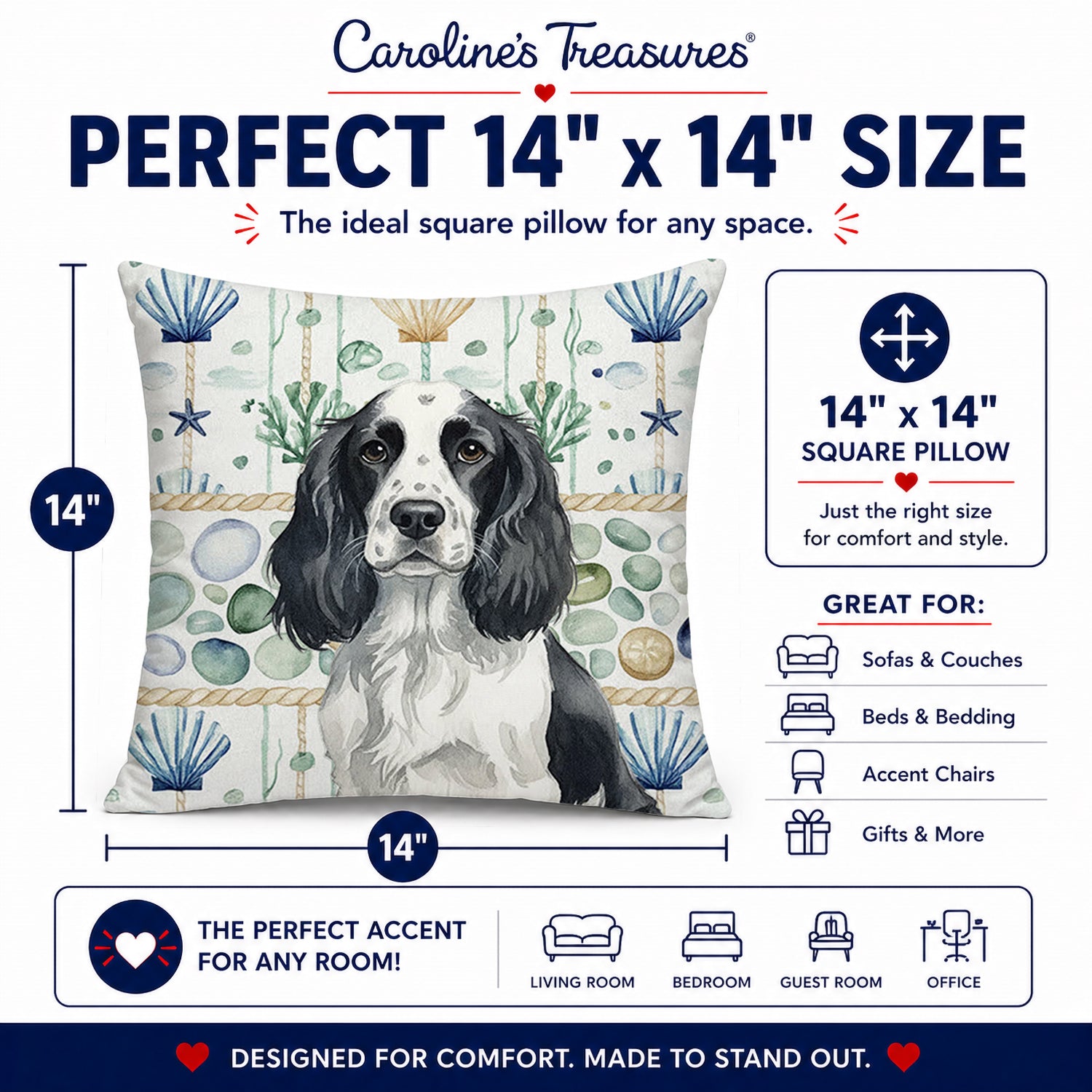 Black and White English Springer Spaniel Coastal Sea Glass Decorative Throw Pillow 14x14 Indoor Outdoor Accent Cushion, Fabric Cover with Insert for Sofa, Bed, Porch & Living Room