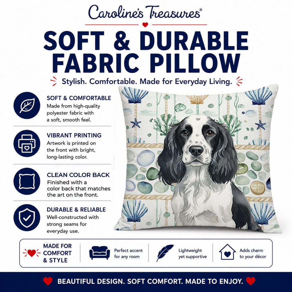 Black and White English Springer Spaniel Coastal Sea Glass Decorative Throw Pillow 18x18 Indoor Outdoor Accent Cushion, Fabric Cover with Insert for Sofa, Bed, Porch & Living Room