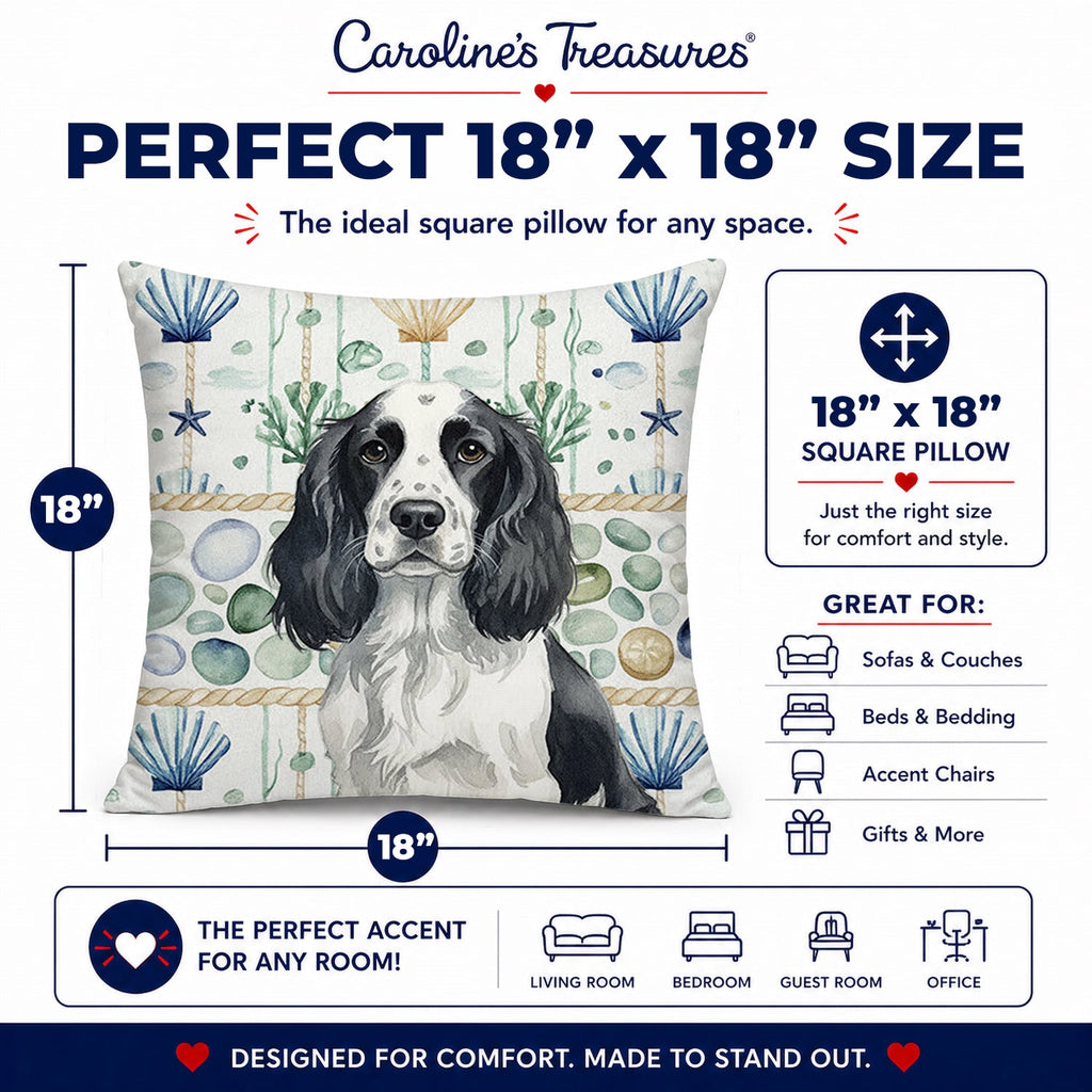 Black and White English Springer Spaniel Coastal Sea Glass Decorative Throw Pillow 18x18 Indoor Outdoor Accent Cushion, Fabric Cover with Insert for Sofa, Bed, Porch & Living Room