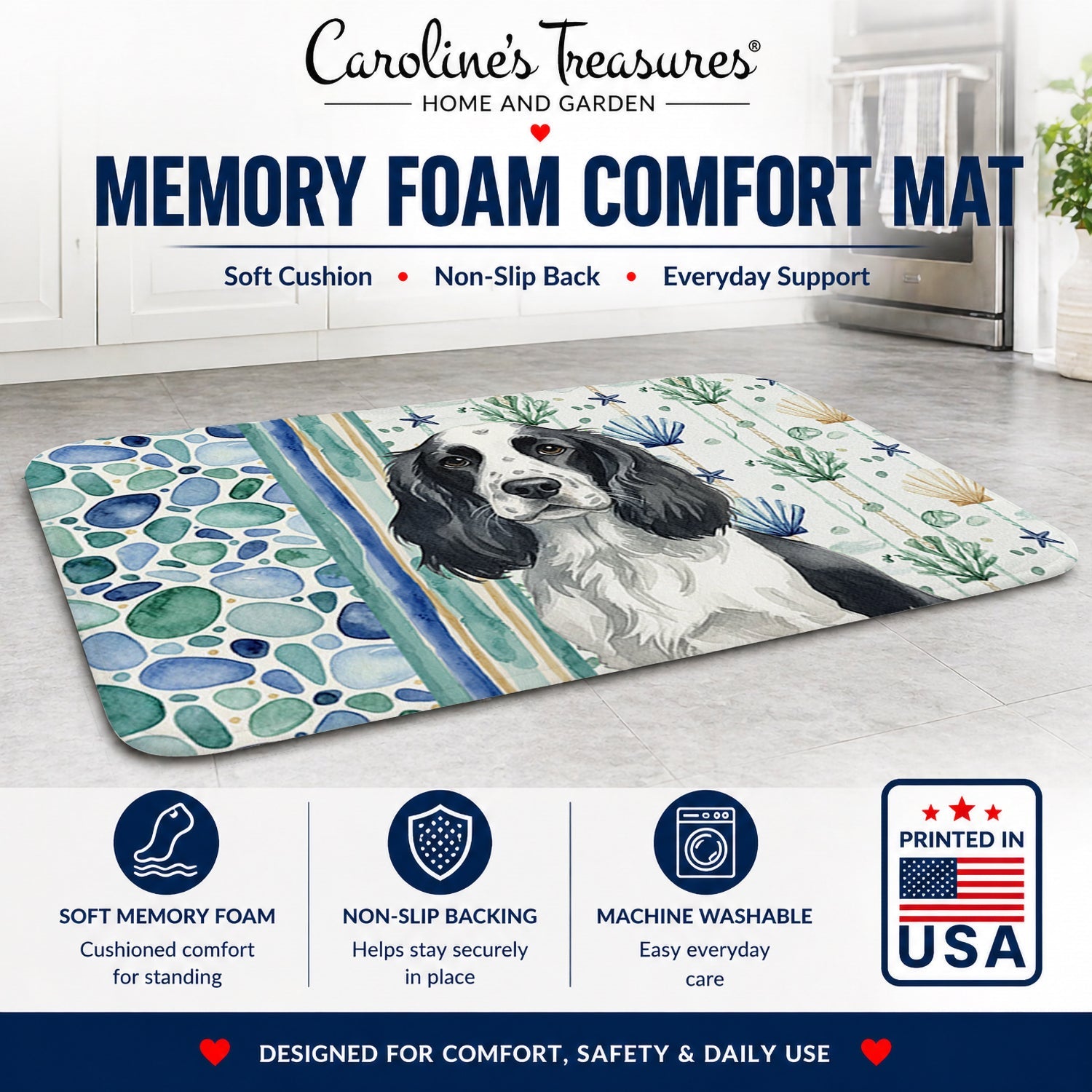 Black and White English Springer Spaniel Coastal Sea Glass Memory Foam Kitchen Mat Machine Washable Anti-Fatigue Cushion Comfort Bath or Kitchen Rug