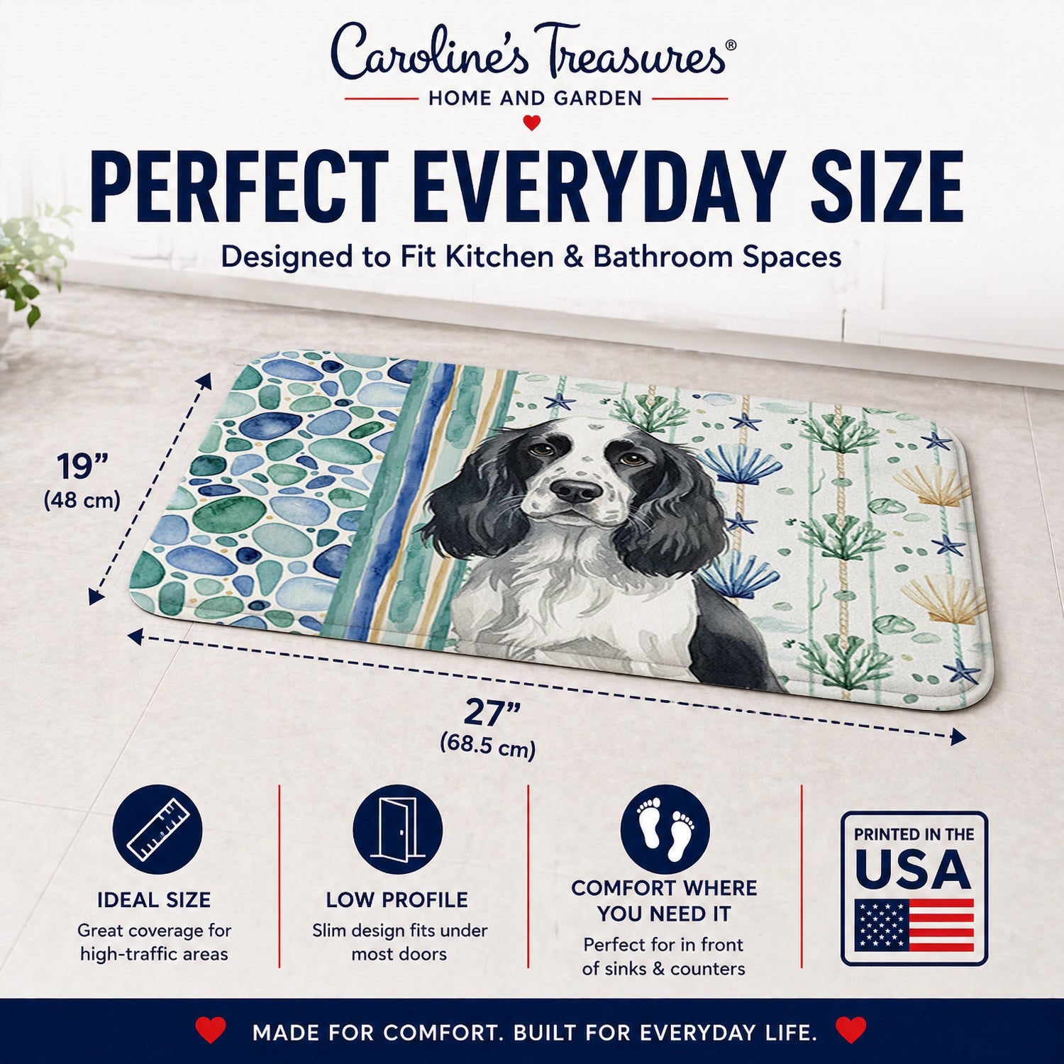 Black and White English Springer Spaniel Coastal Sea Glass Memory Foam Kitchen Mat Machine Washable Anti-Fatigue Cushion Comfort Bath or Kitchen Rug