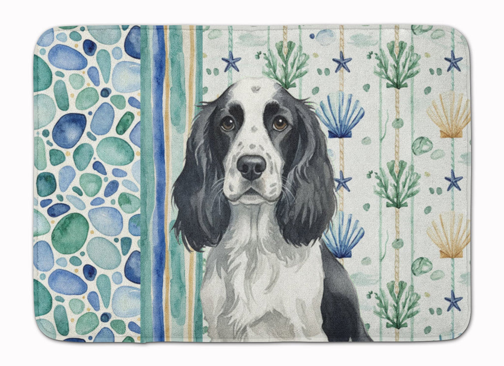 Black and White English Springer Spaniel Coastal Sea Glass Memory Foam Kitchen Mat Machine Washable Anti-Fatigue Cushion Comfort Bath or Kitchen Rug