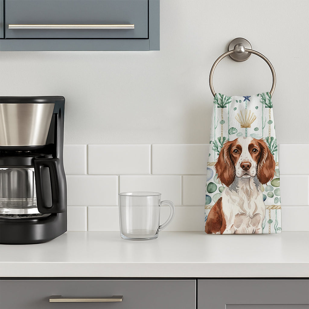 Liver and White English Springer Spaniel Coastal Sea Glass Kitchen Towel Velour Plush Front and Cotton Loop Back Machine Washable