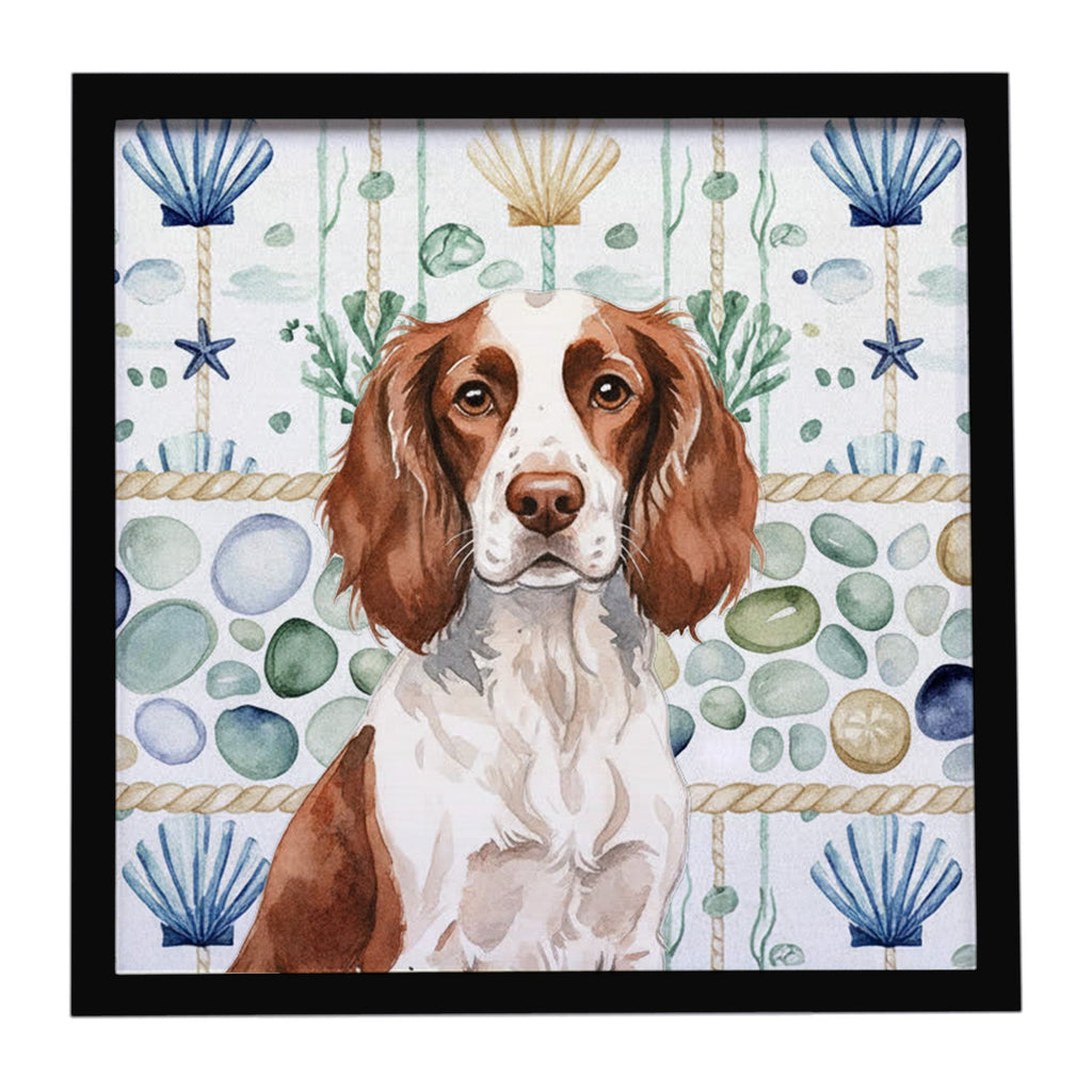 Liver and White English Springer Spaniel Coastal Sea Glass Framed Metal Print Bathroom, Kitchen, Office, Home Decor Wall Art Ready to Hang, Square, 8X8