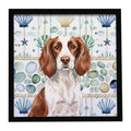 Liver and White English Springer Spaniel Coastal Sea Glass Framed Metal Print Bathroom, Kitchen, Office, Home Decor Wall Art Ready to Hang, Square, 8X8