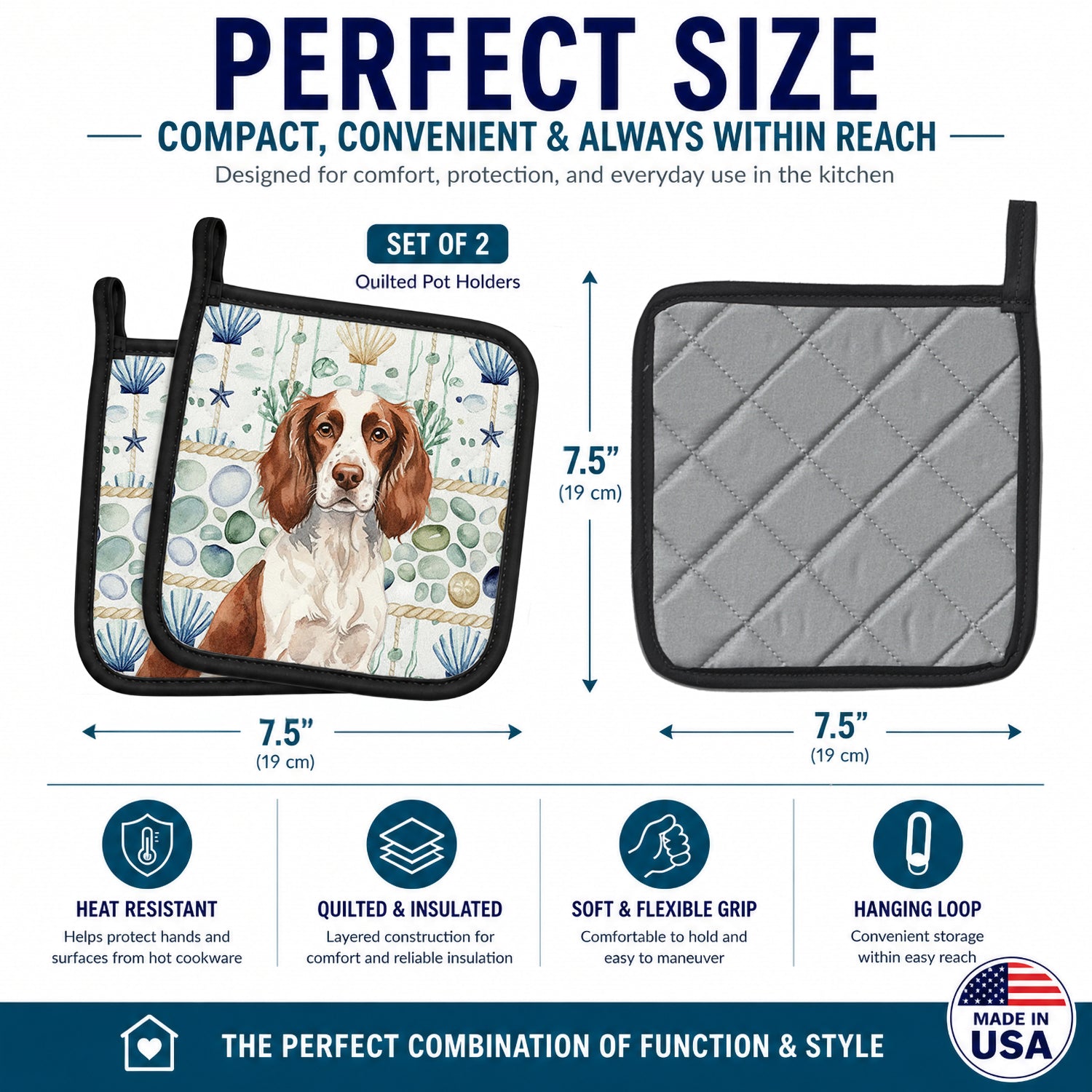 Liver and White English Springer Spaniel Coastal Sea Glass Pot Holder Set of 2 Heat Resistant Quilted Hot Pads 7.5 x 7.5 Inch, Insulated Kitchen Trivets for Cooking & Baking