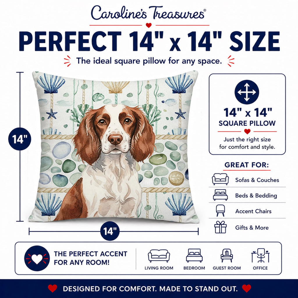 Liver and White English Springer Spaniel Coastal Sea Glass Decorative Throw Pillow 14x14 Indoor Outdoor Accent Cushion, Fabric Cover with Insert for Sofa, Bed, Porch & Living Room
